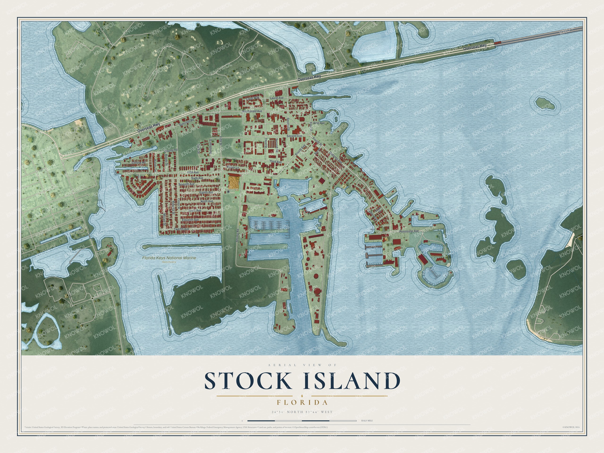 Full map of Stock Island, Florida, with red buildings, printed street names and the land around them
