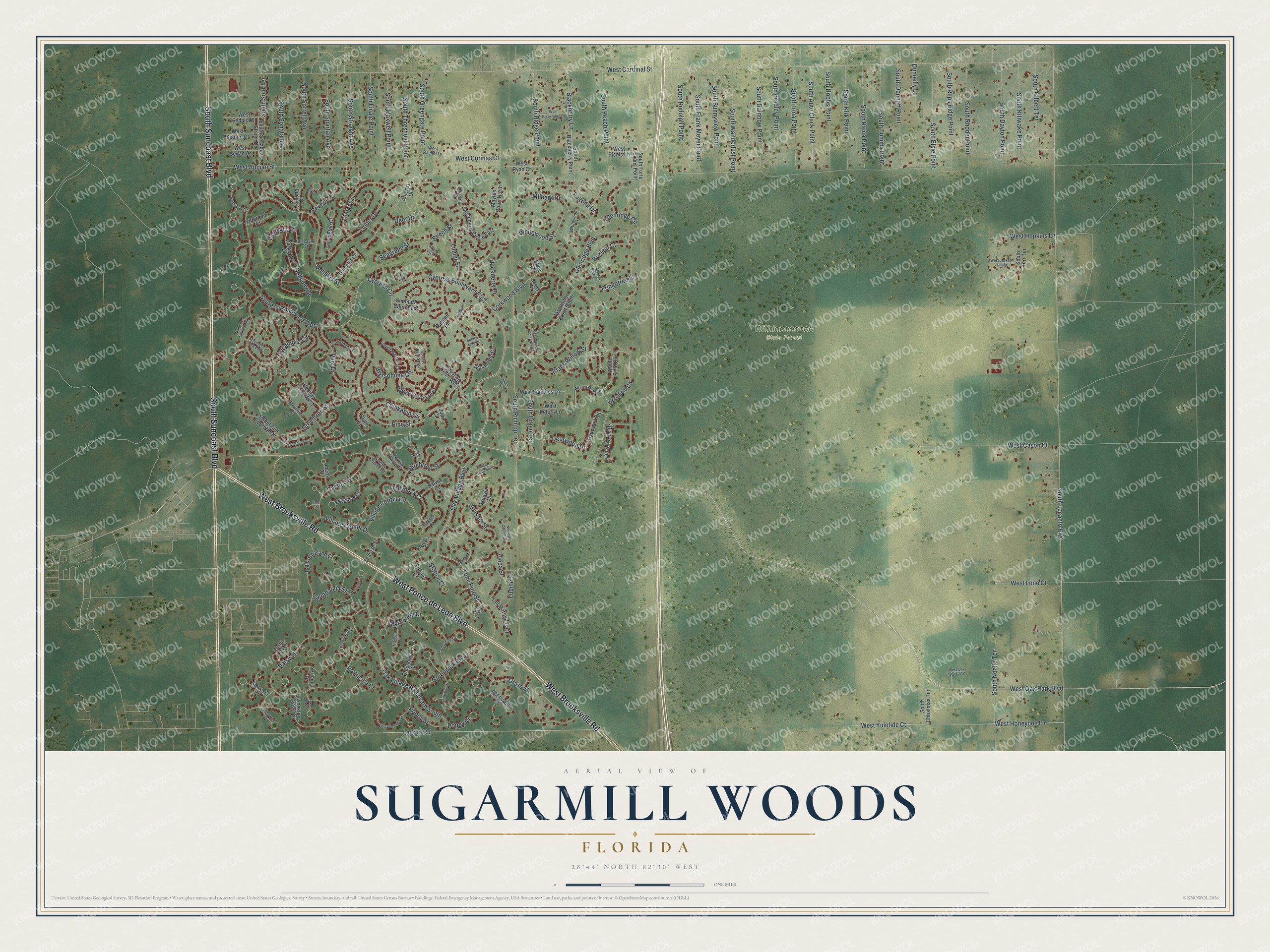 Full map of Sugarmill Woods, Florida, with red buildings, printed street names and the land around them
