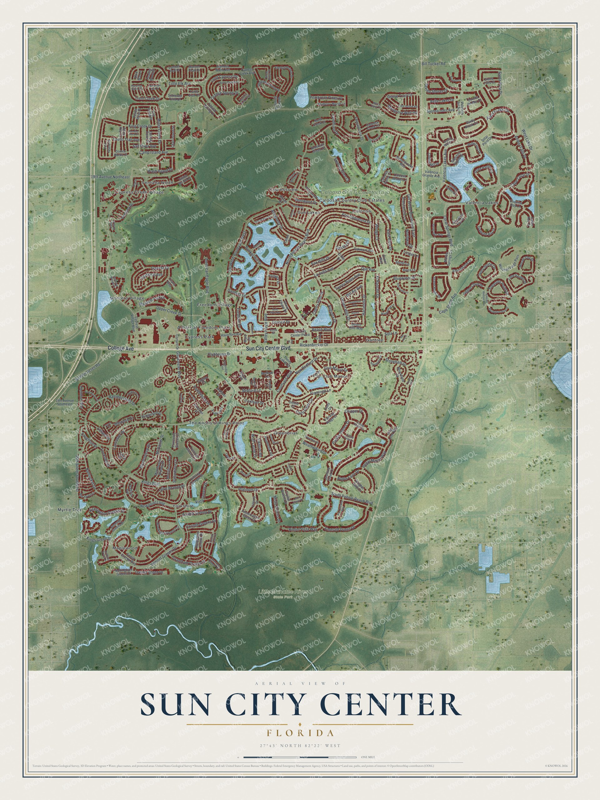 Full map of Sun City Center, Florida, with red buildings, printed street names and the land around them