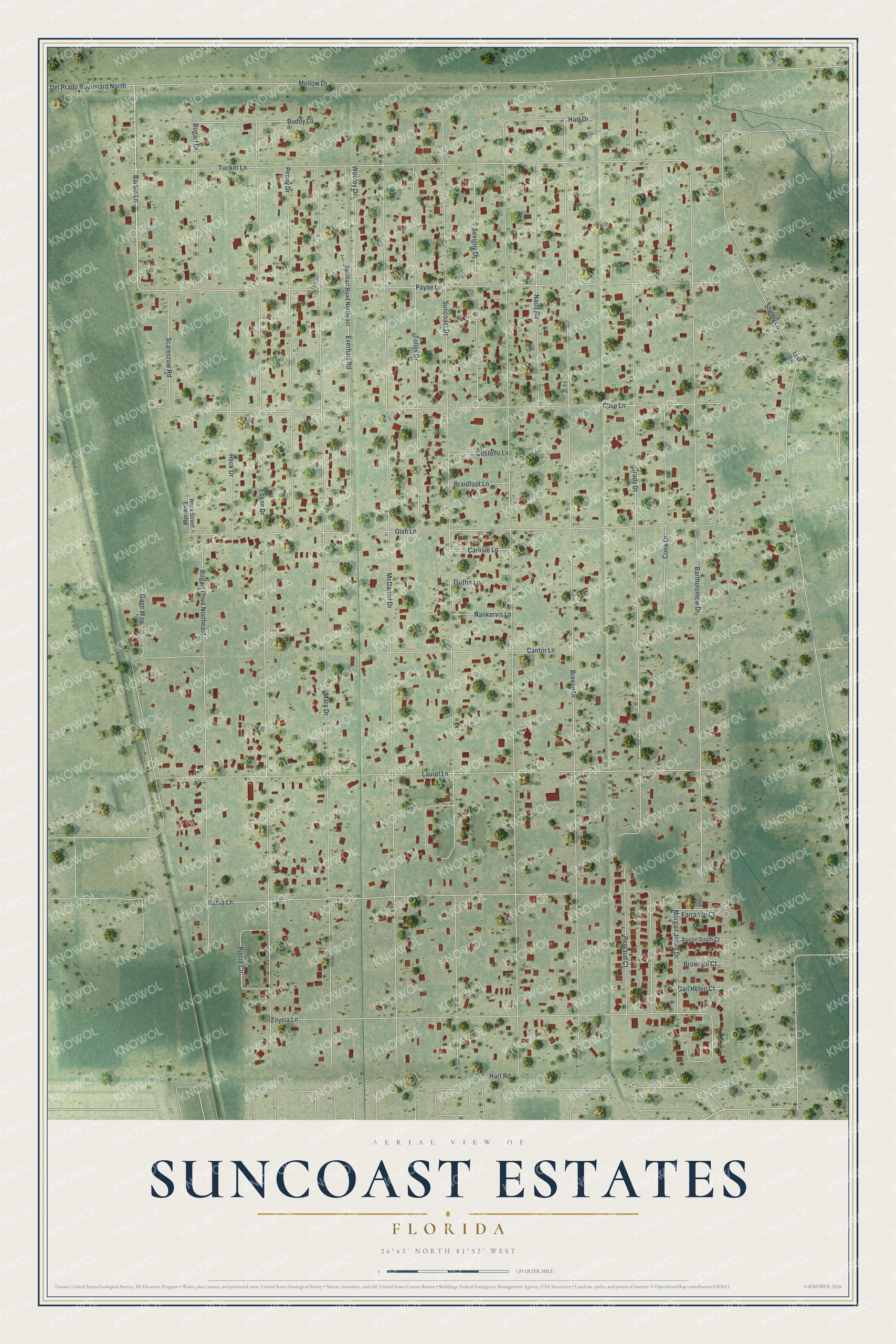 Full map of Suncoast Estates, Florida, with red buildings, printed street names and the land around them