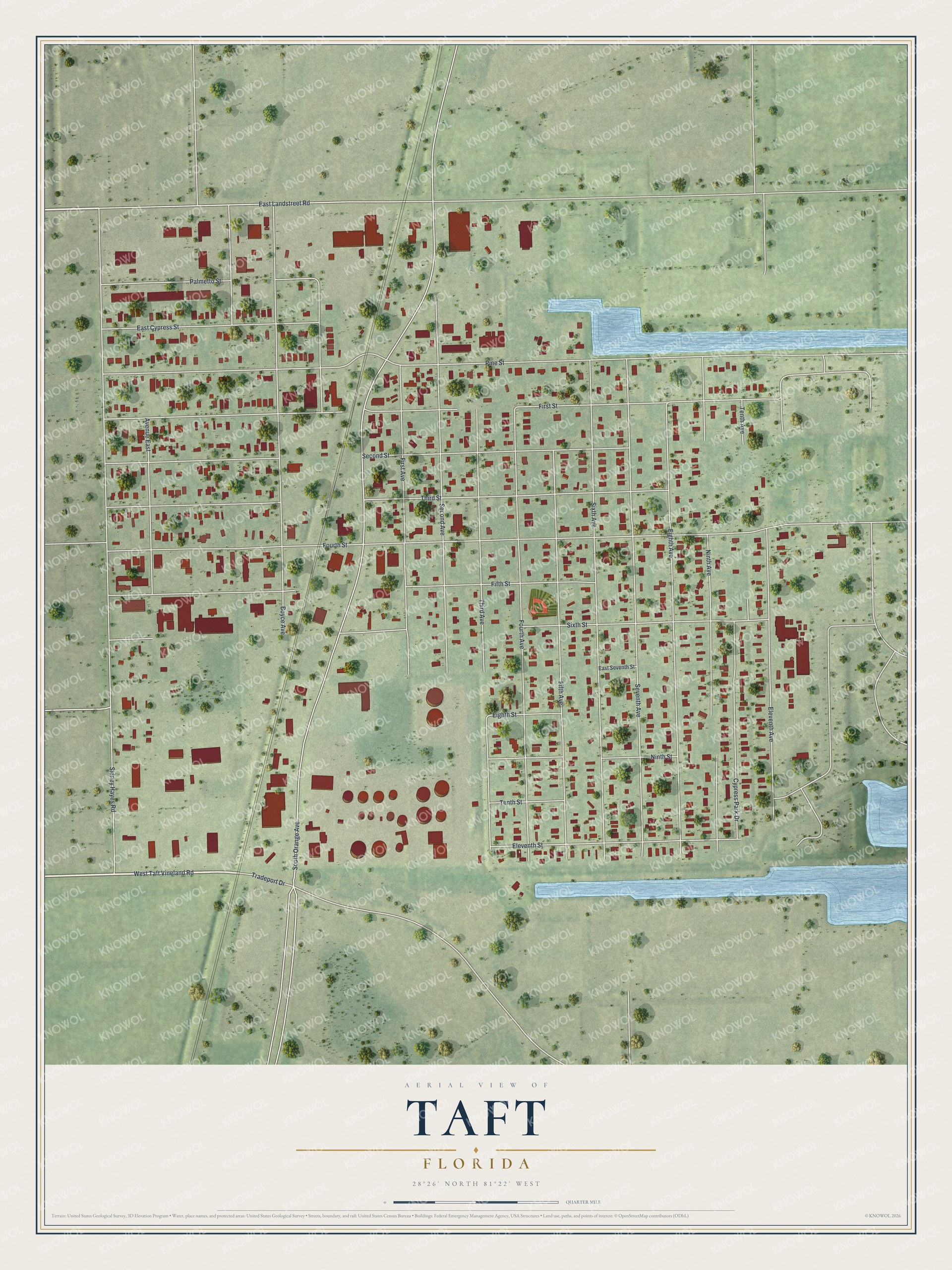 Full map of Taft, Florida, with red buildings, printed street names and the land around them
