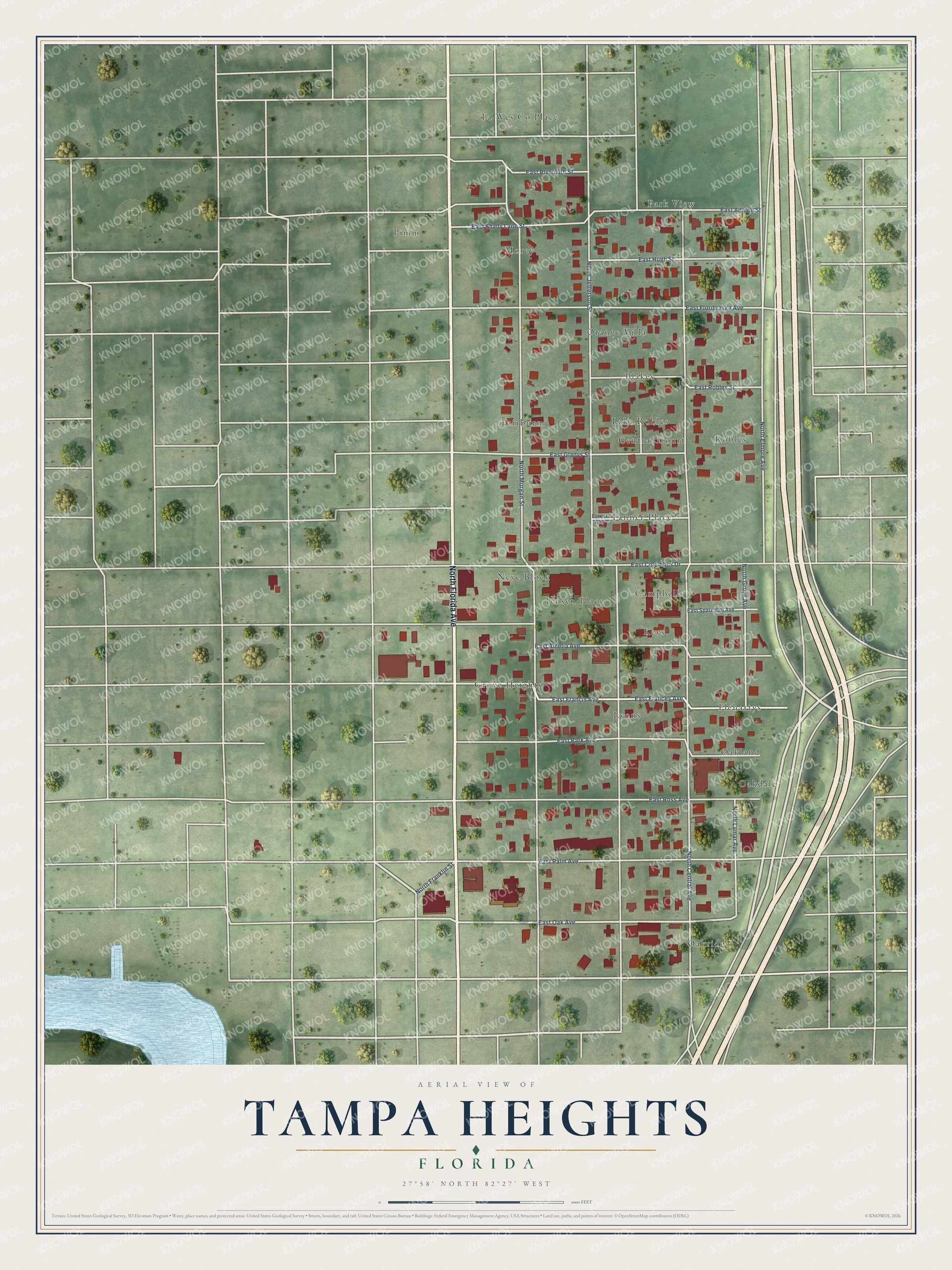 Full map of Tampa Heights, Florida, with red buildings, printed street names and the land around them