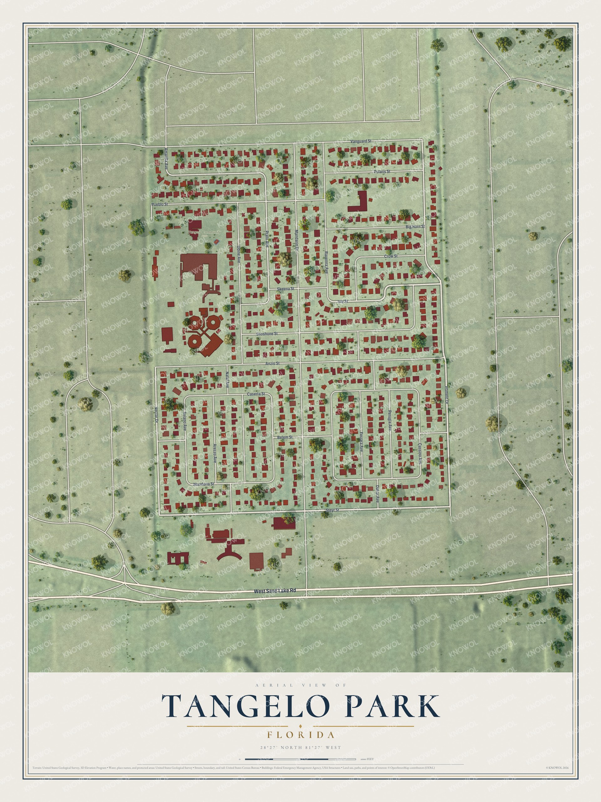 Full map of Tangelo Park, Florida, with red buildings, printed street names and the land around them