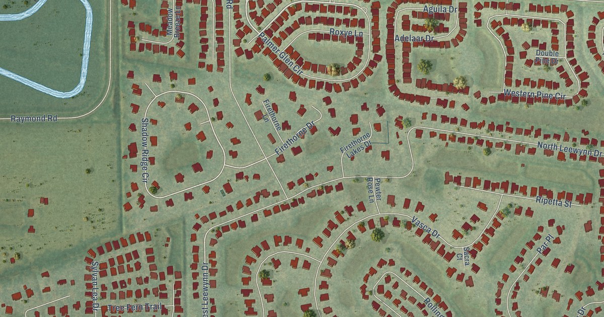 Close-up of streets and buildings in Tatum, Florida