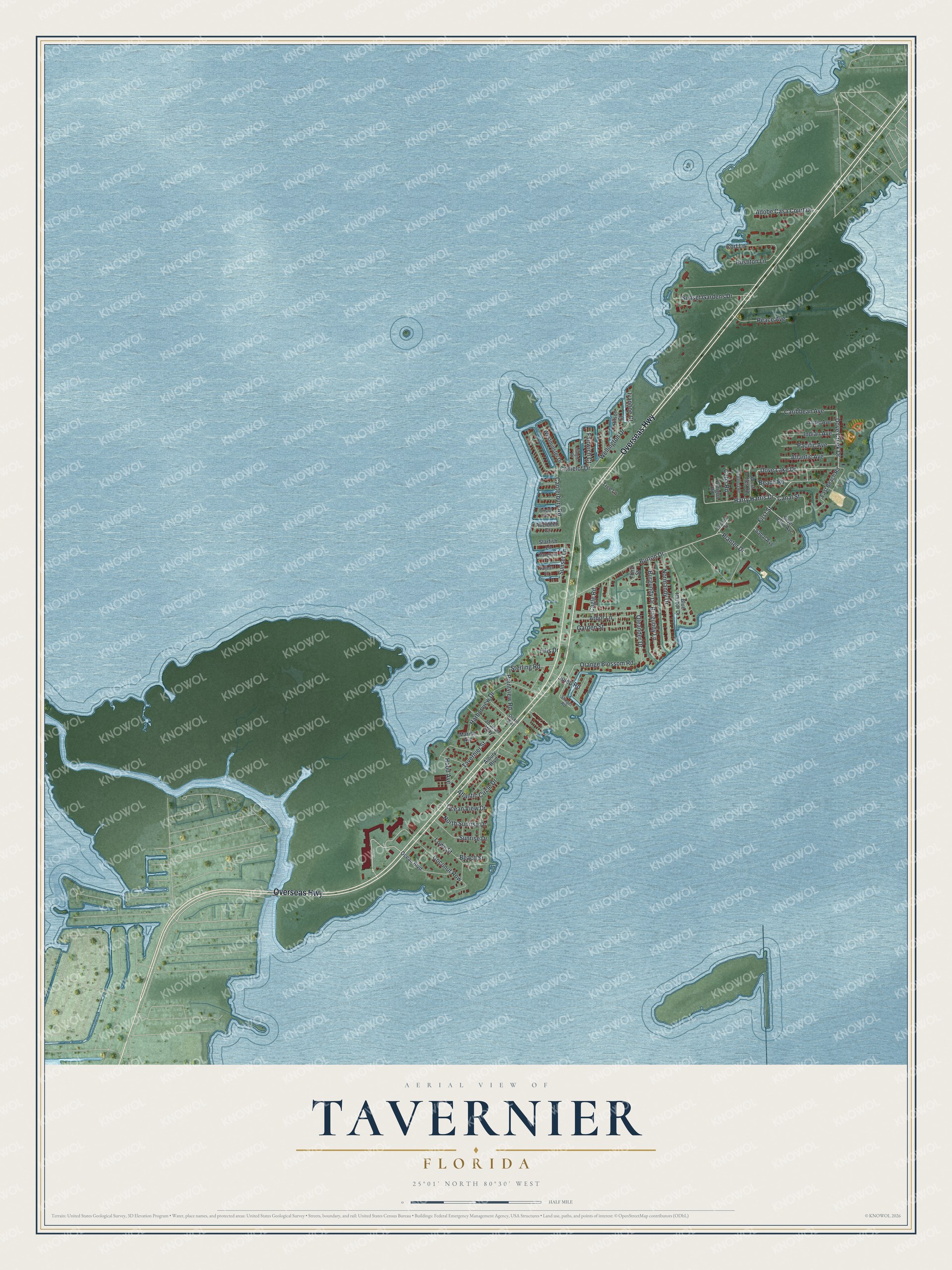Full map of Tavernier, Florida, with red buildings, printed street names and the land around them