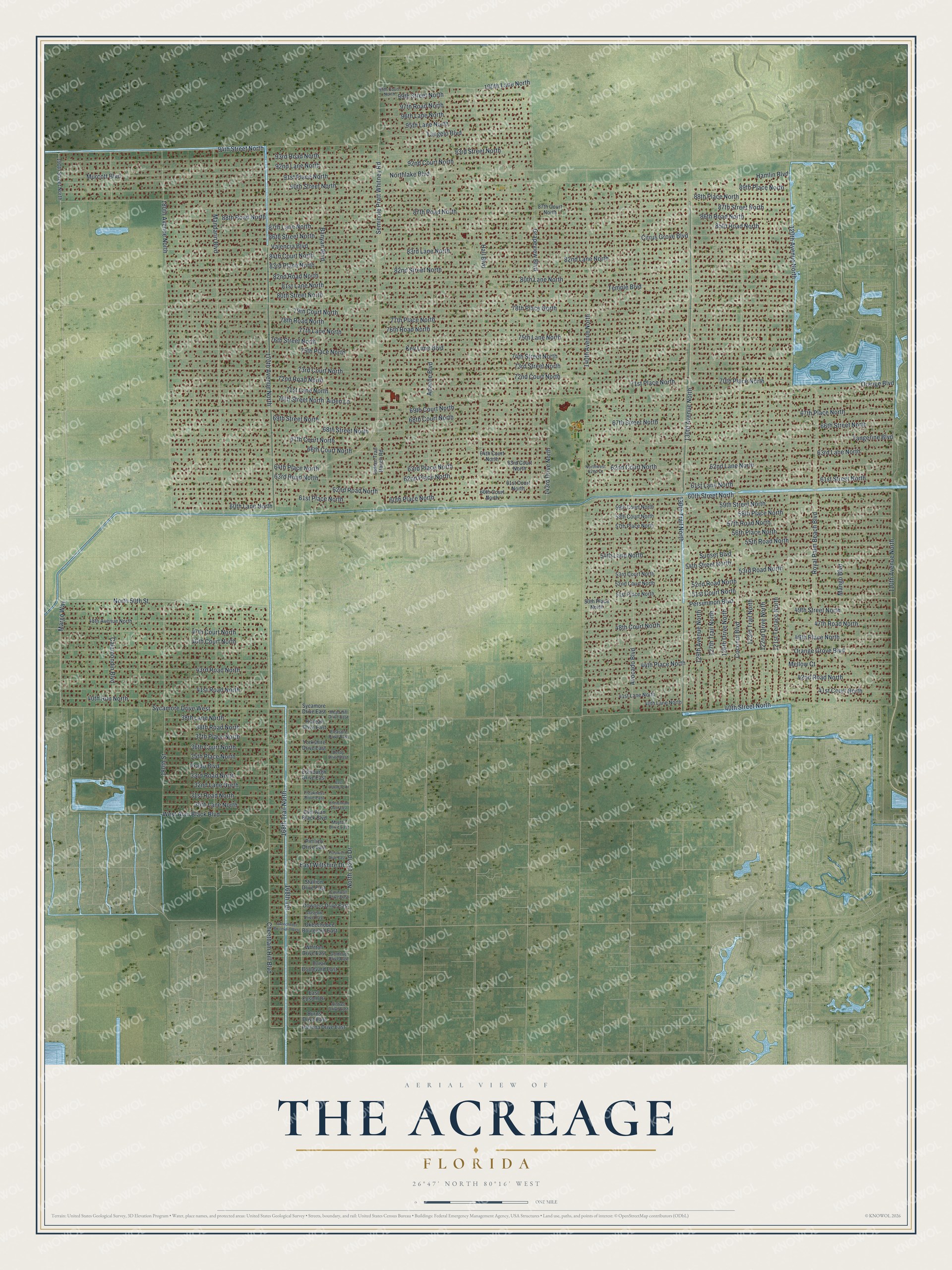 Full map of The Acreage, Florida, with red buildings, printed street names and the land around them