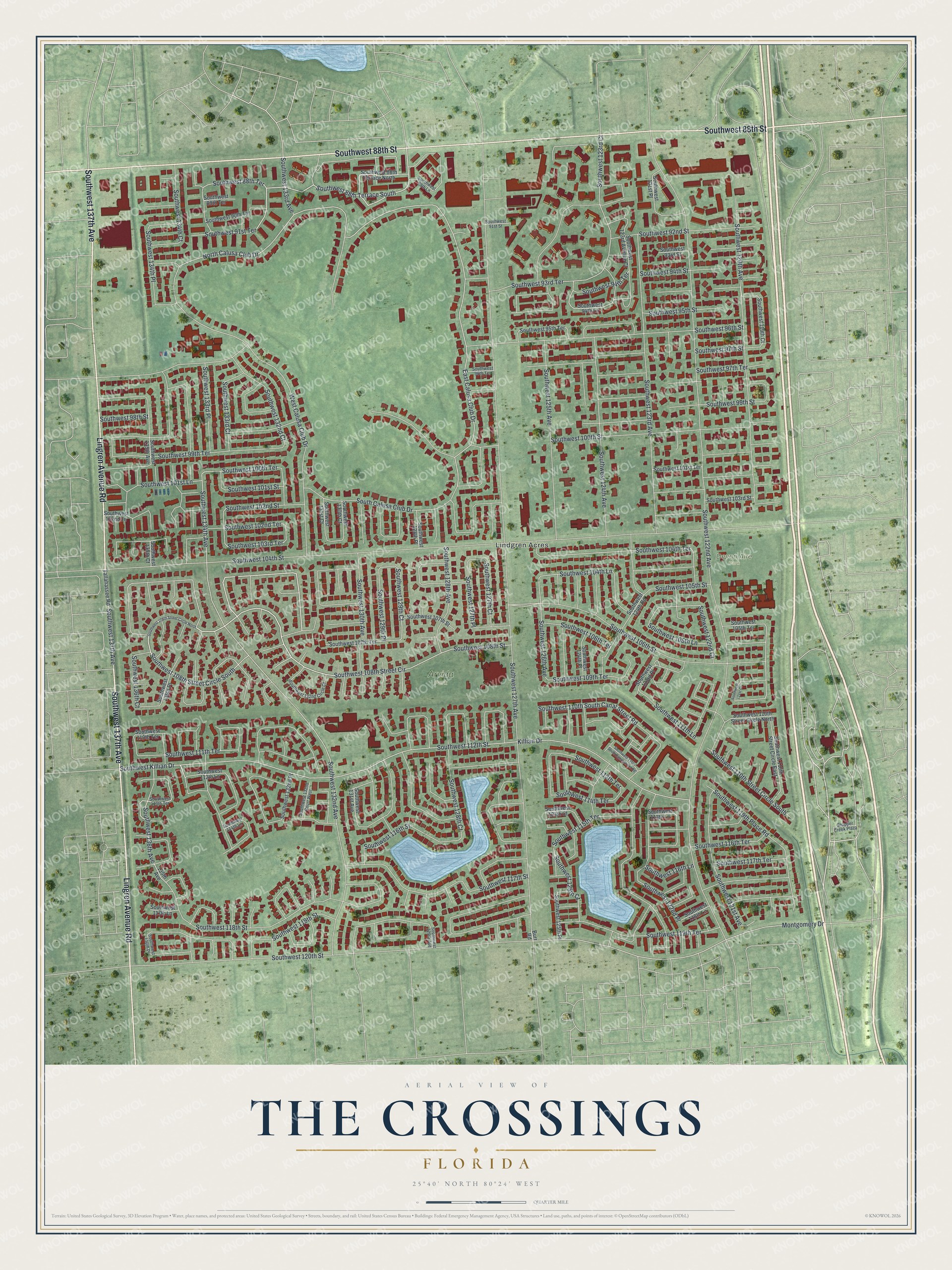 Full map of The Crossings, Florida, with red buildings, printed street names and the land around them