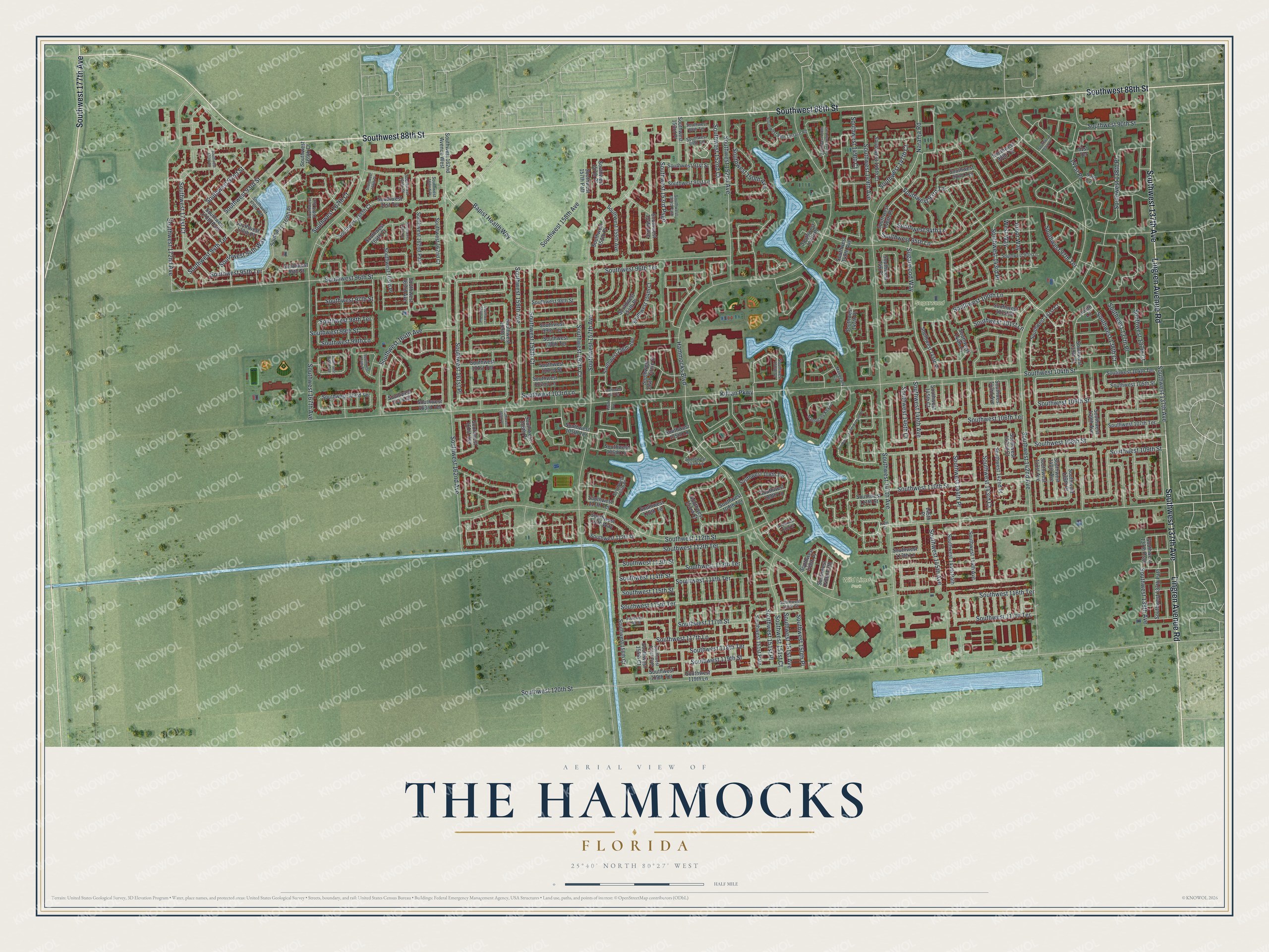 Full map of The Hammocks, Florida, with red buildings, printed street names and the land around them