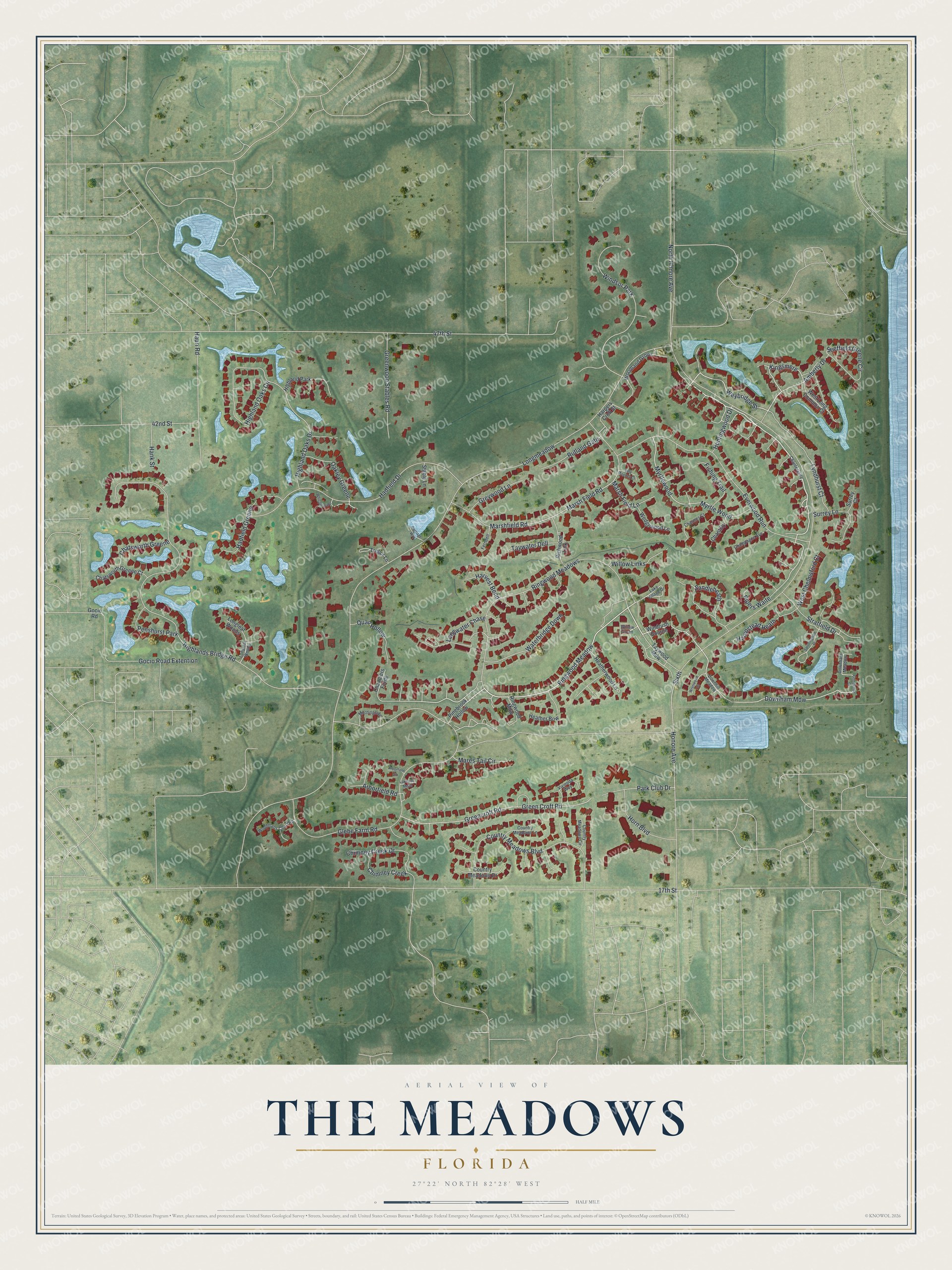 Full map of The Meadows, Florida, with red buildings, printed street names and the land around them