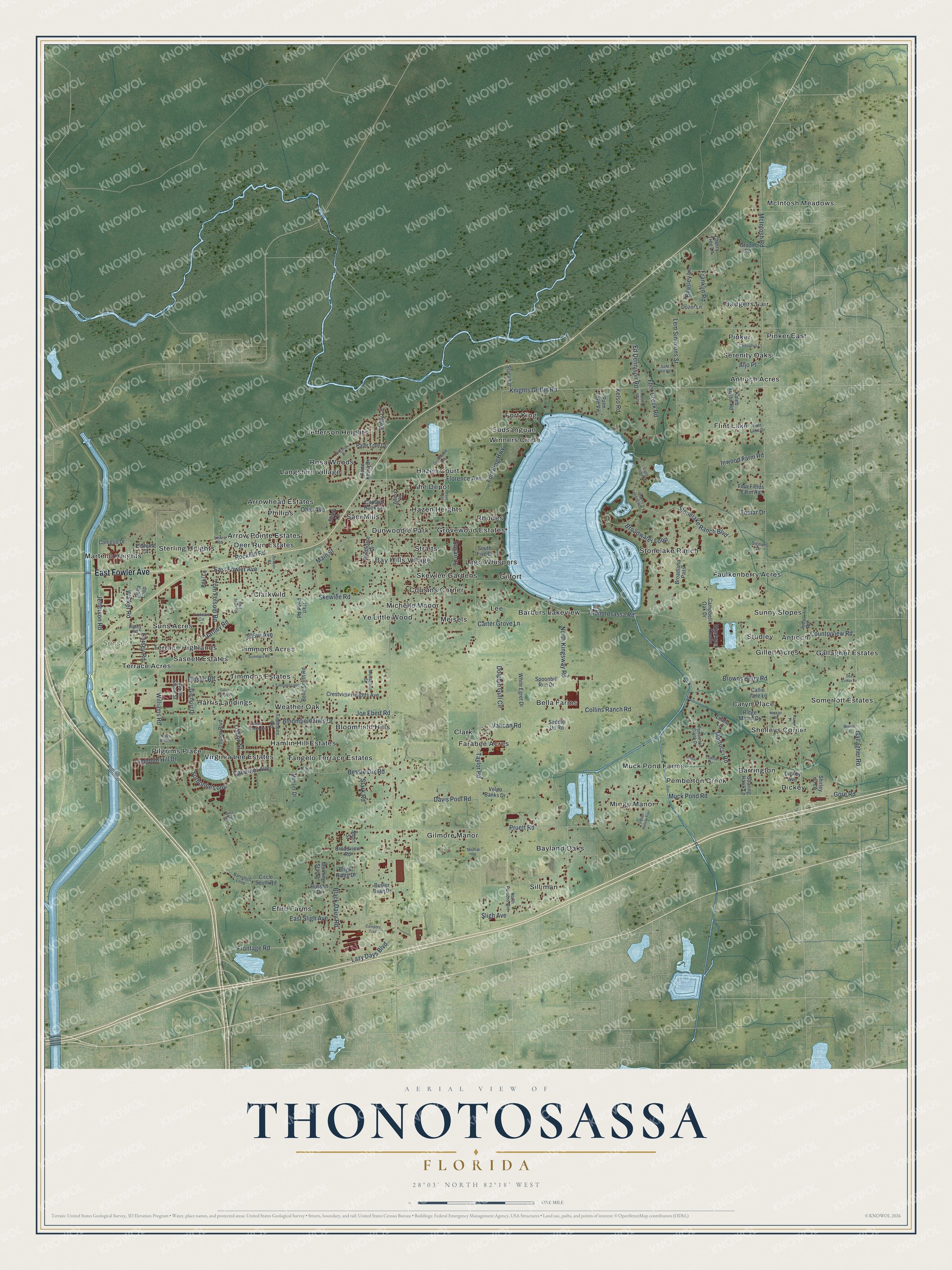 Full map of Thonotosassa, Florida, with red buildings, printed street names and the land around them