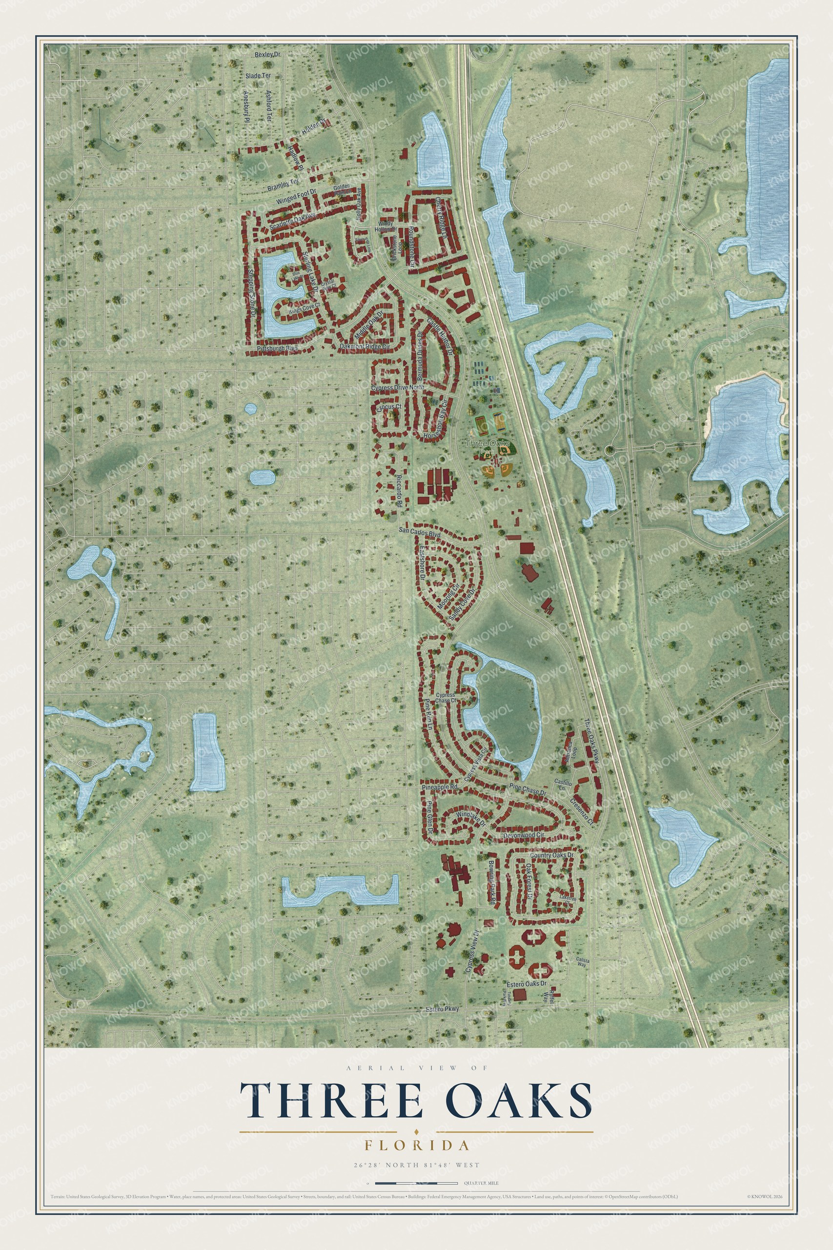 Full map of Three Oaks, Florida, with red buildings, printed street names and the land around them