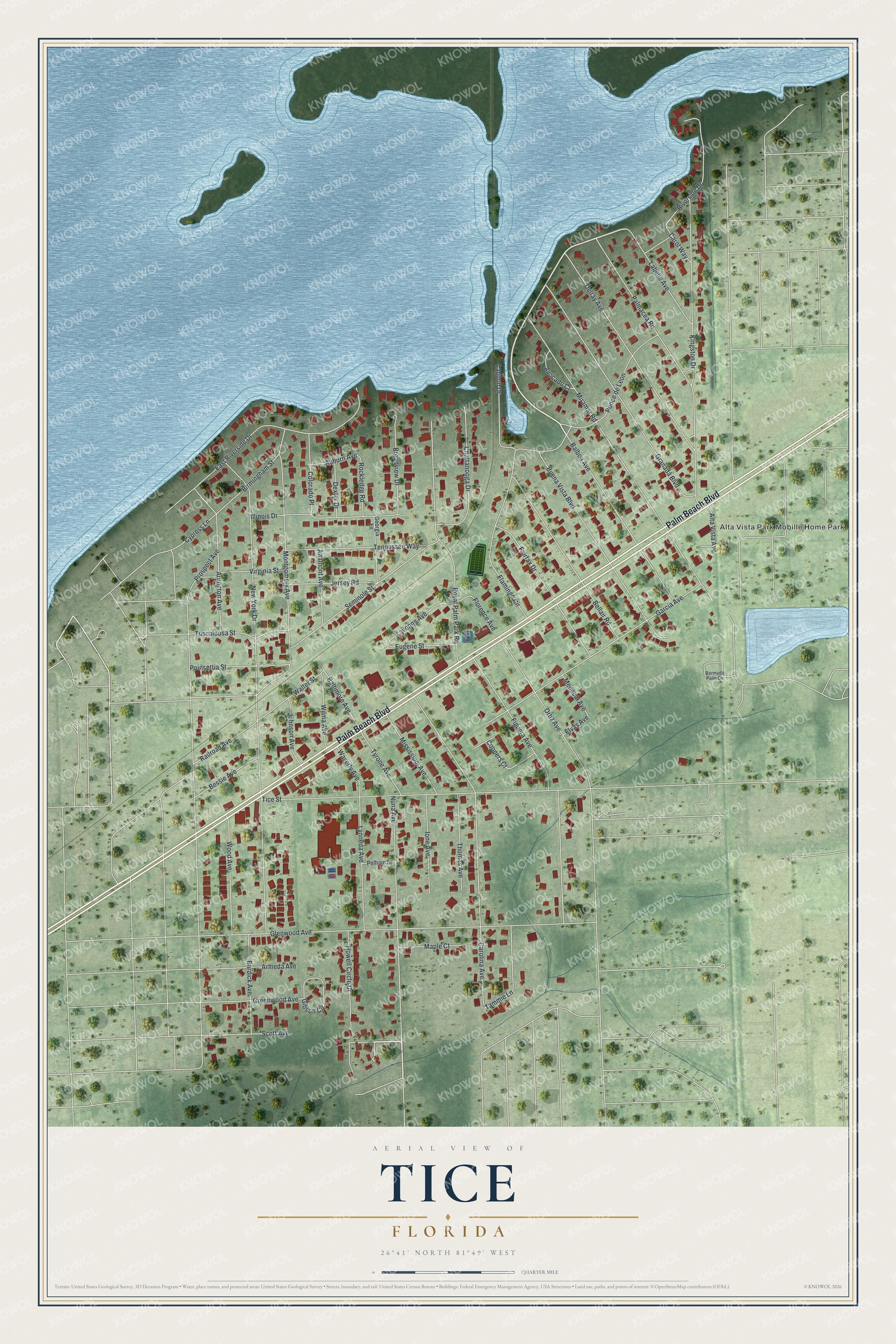 Full map of Tice, Florida, with red buildings, printed street names and the land around them