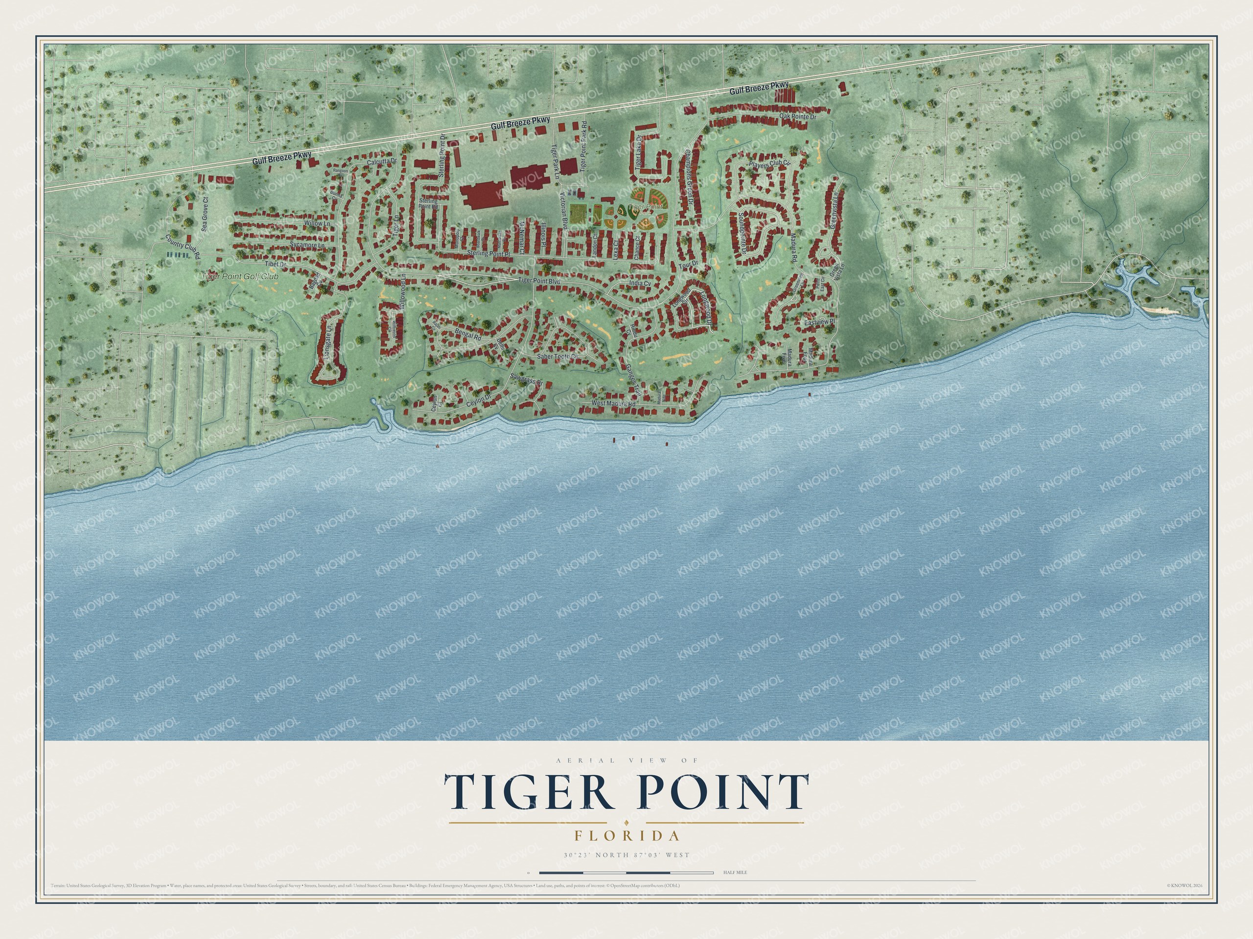 Full map of Tiger Point, Florida, with red buildings, printed street names and the land around them