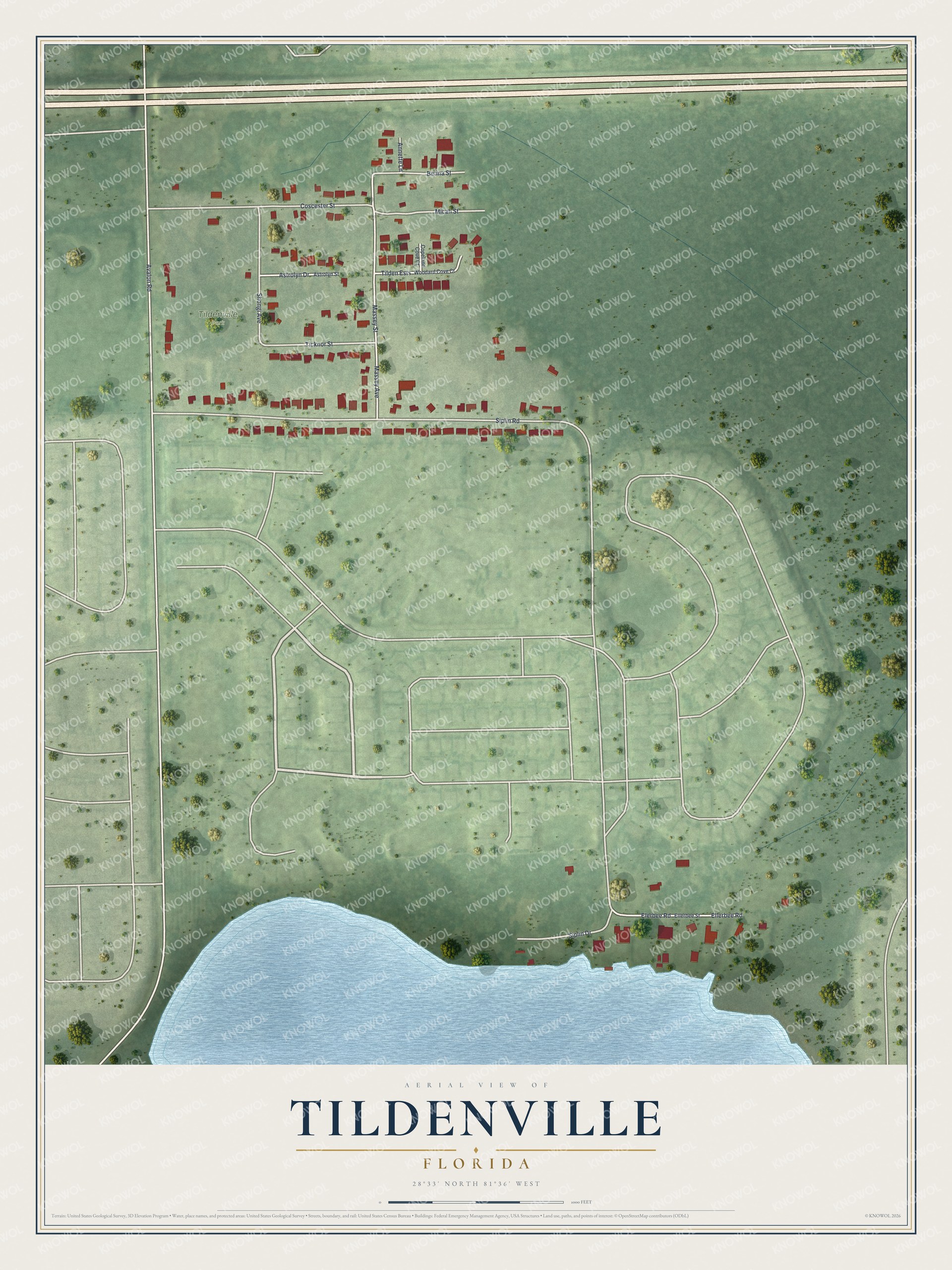 Full map of Tildenville, Florida, with red buildings, printed street names and the land around them