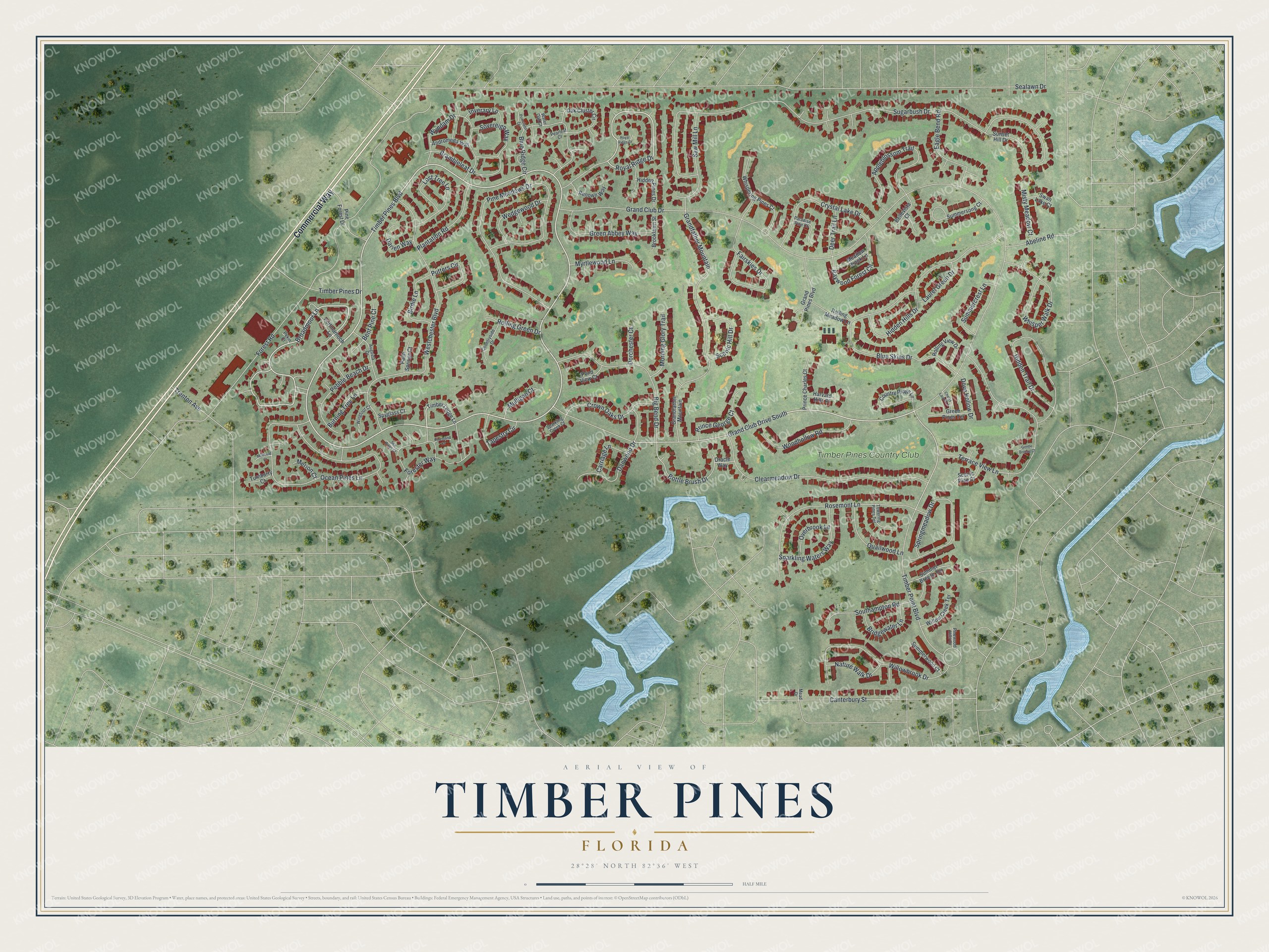 Full map of Timber Pines, Florida, with red buildings, printed street names and the land around them