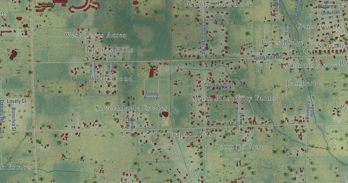 Close-up of streets and buildings in Trapnell, Florida