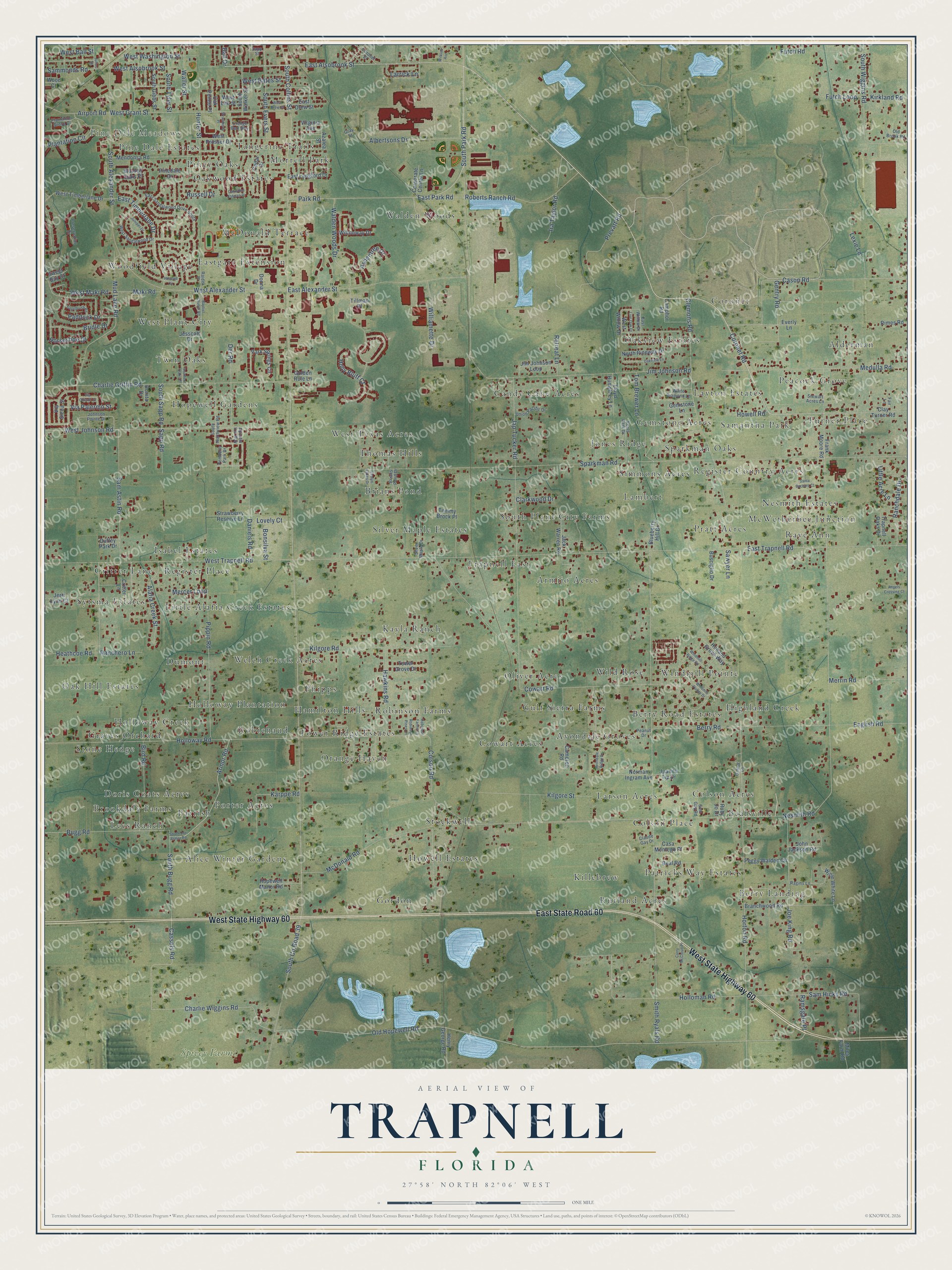 Full map of Trapnell, Florida, with red buildings, printed street names and the land around them