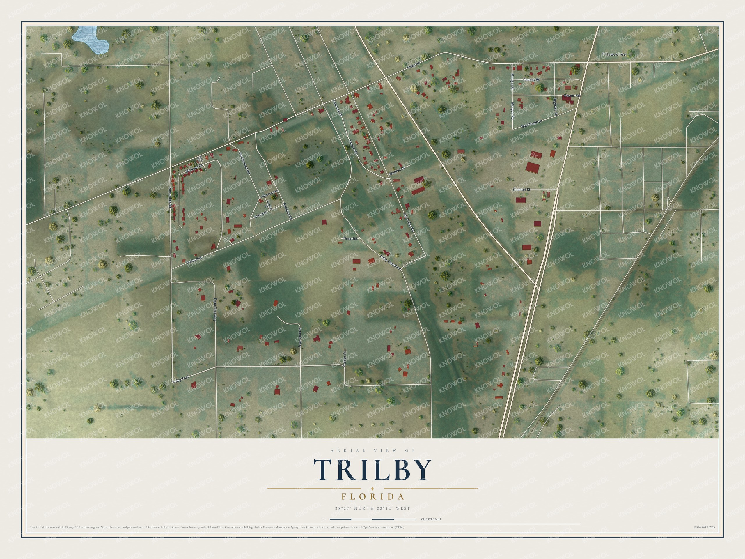 Full map of Trilby, Florida, with red buildings, printed street names and the land around them
