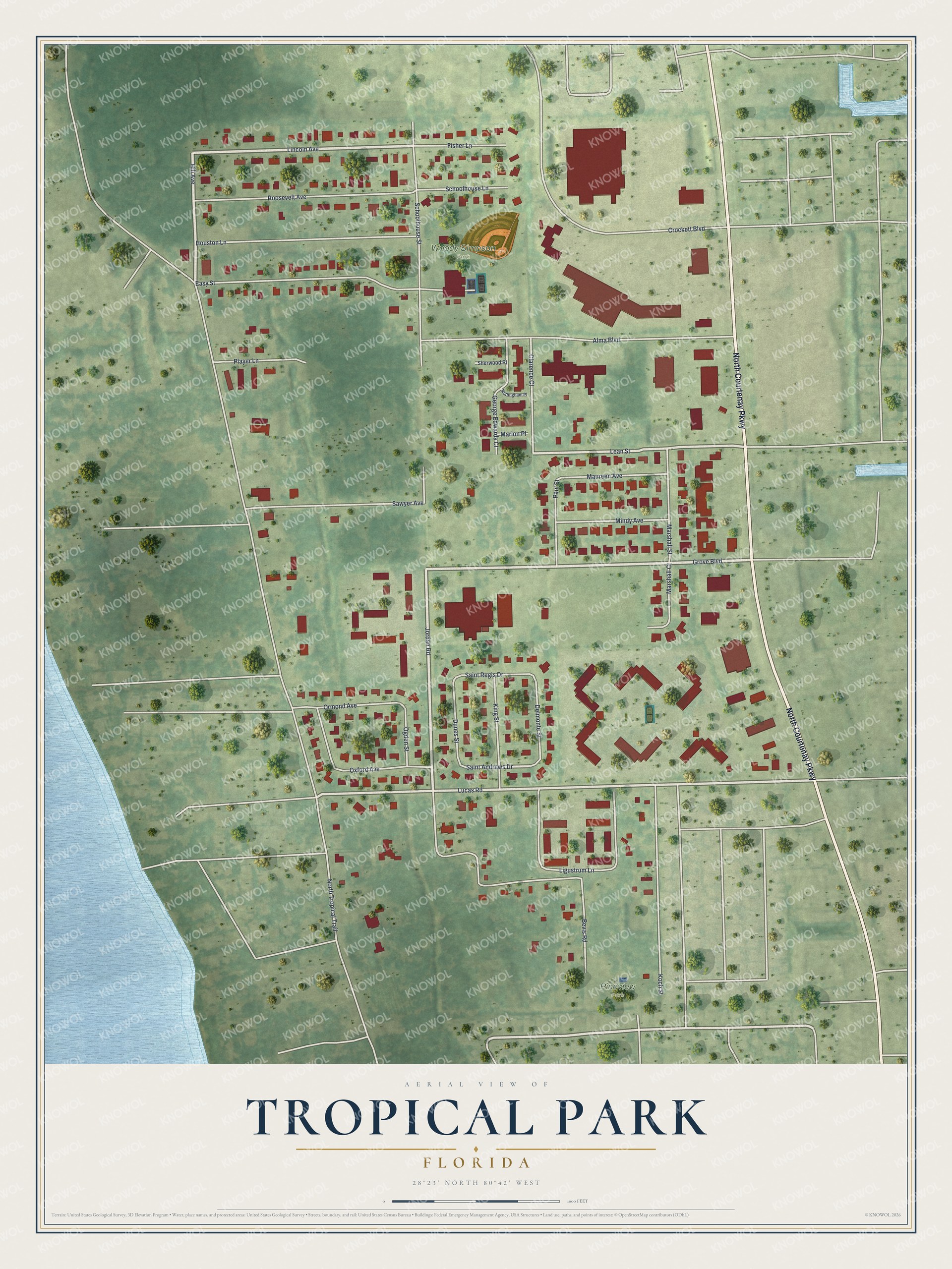 Full map of Tropical Park, Florida, with red buildings, printed street names and the land around them