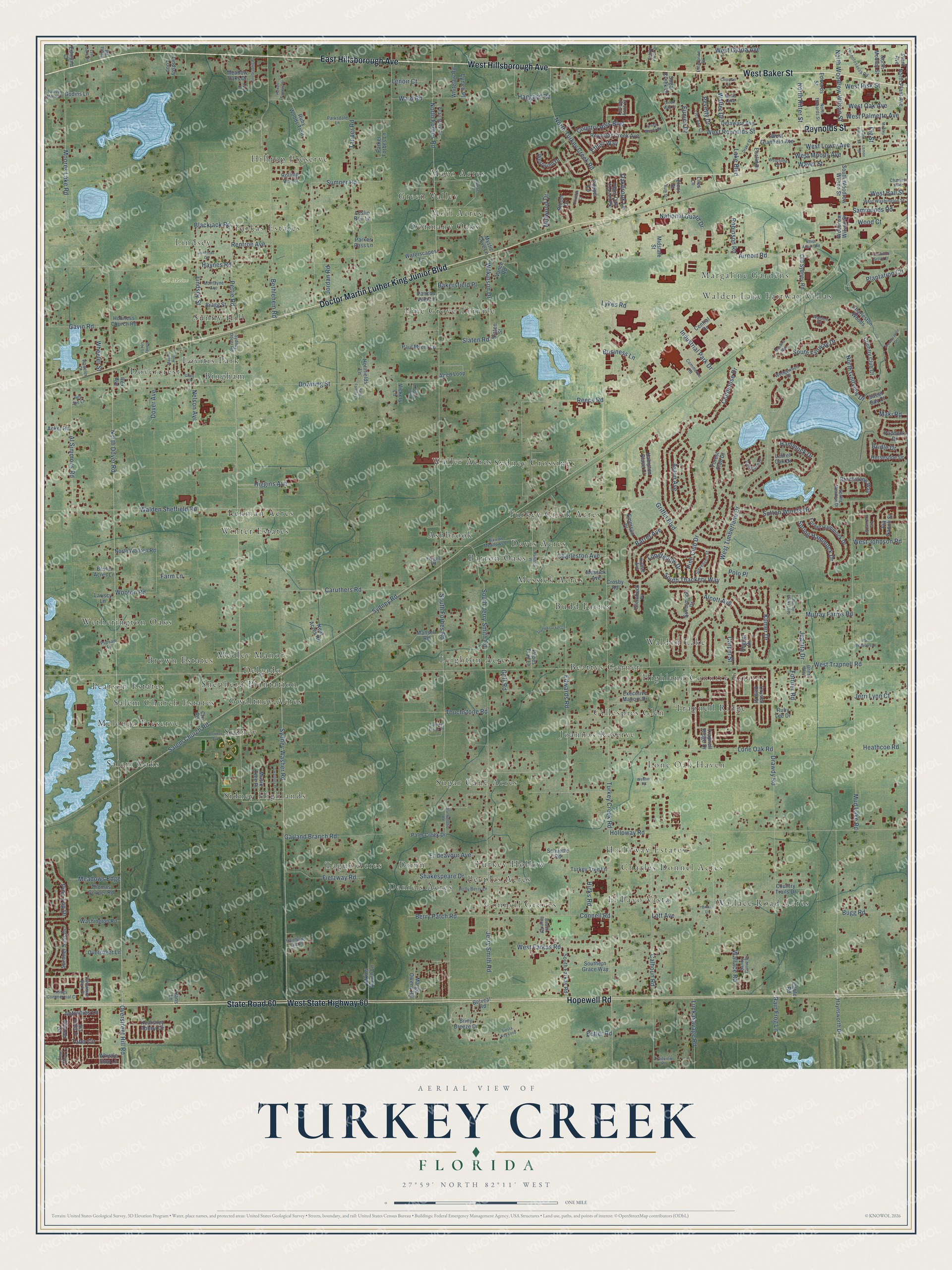 Full map of Turkey Creek, Florida, with red buildings, printed street names and the land around them