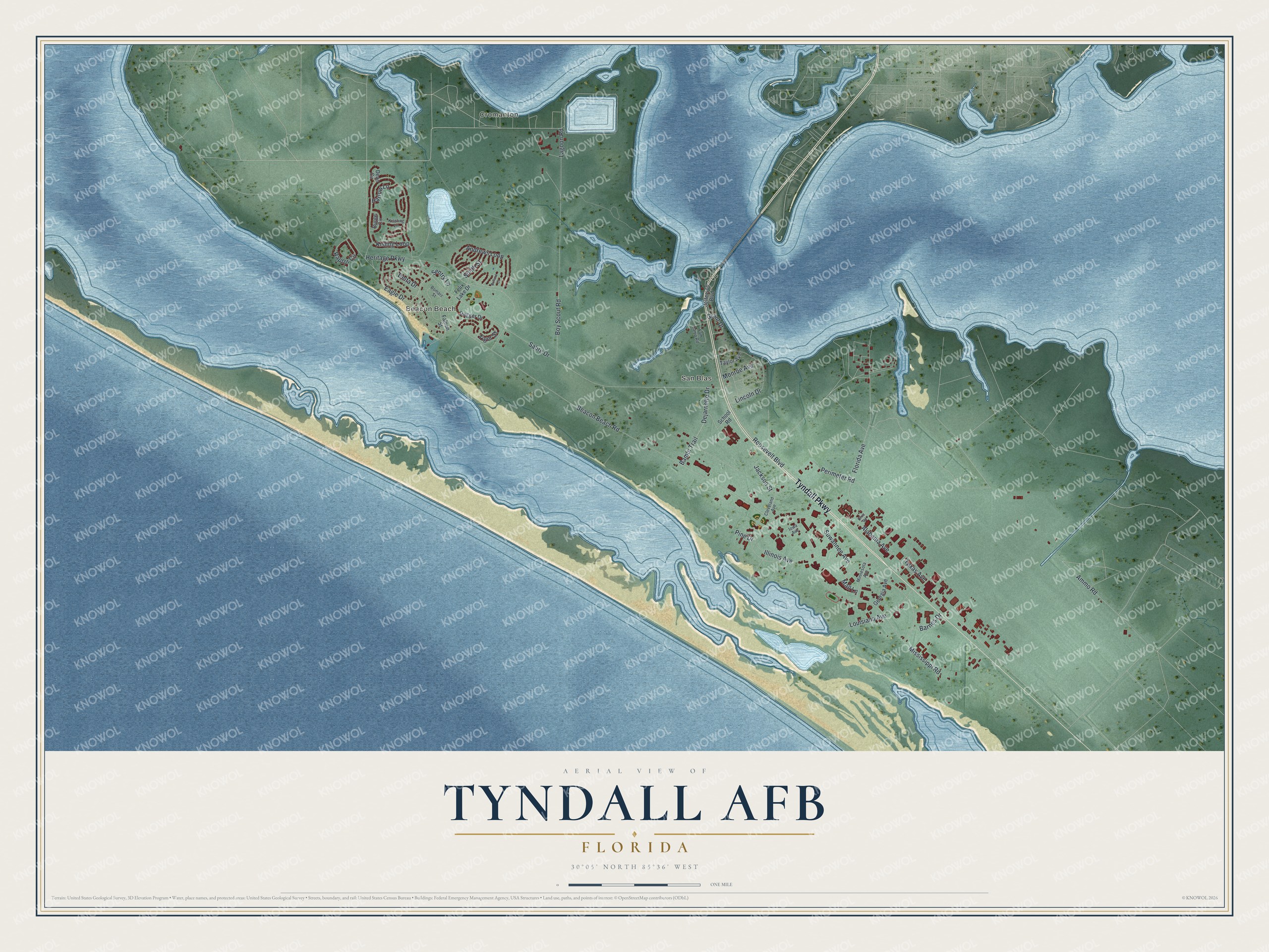 Full map of Tyndall AFB, Florida, with red buildings, printed street names and the land around them