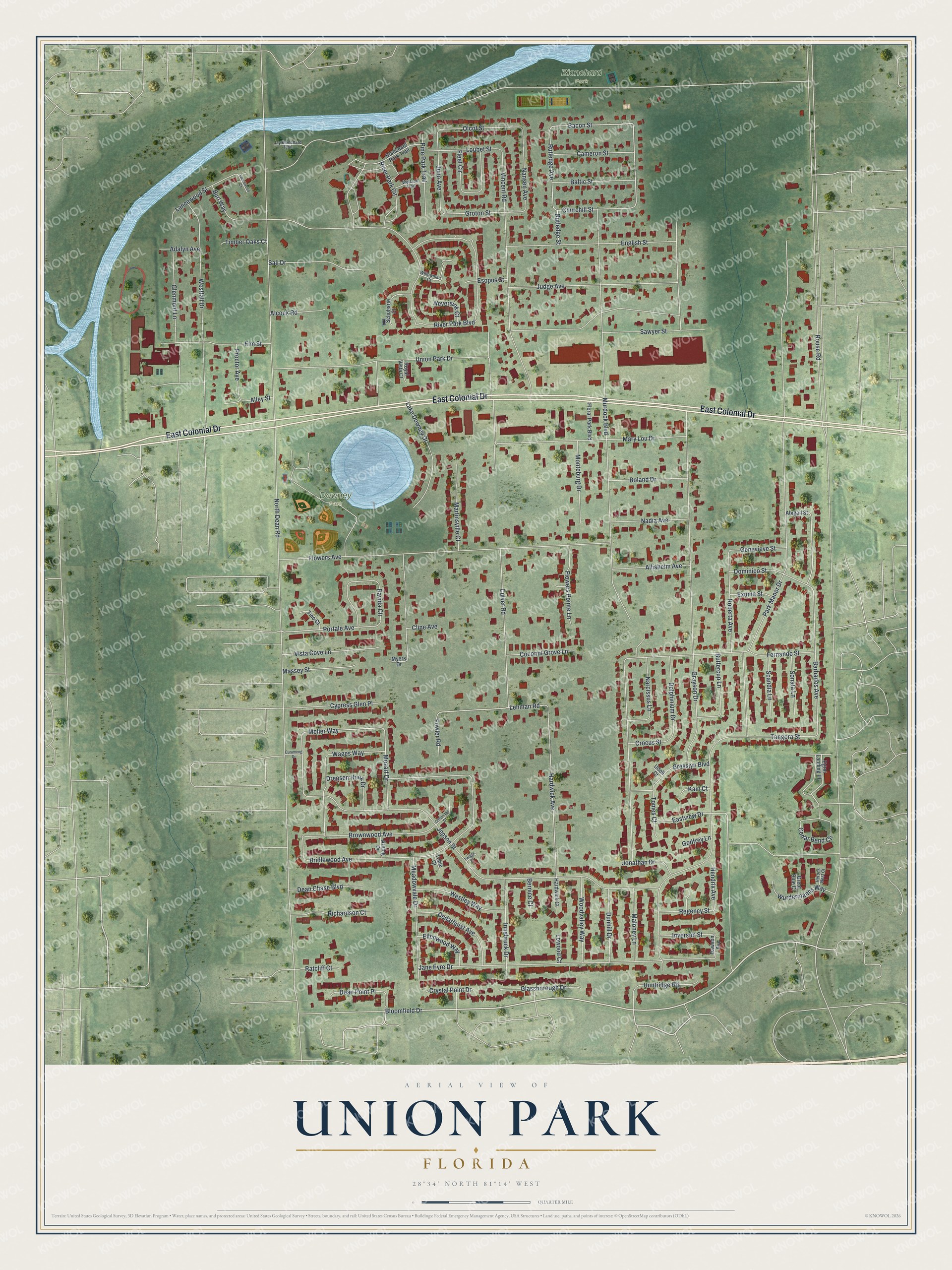 Full map of Union Park, Florida, with red buildings, printed street names and the land around them