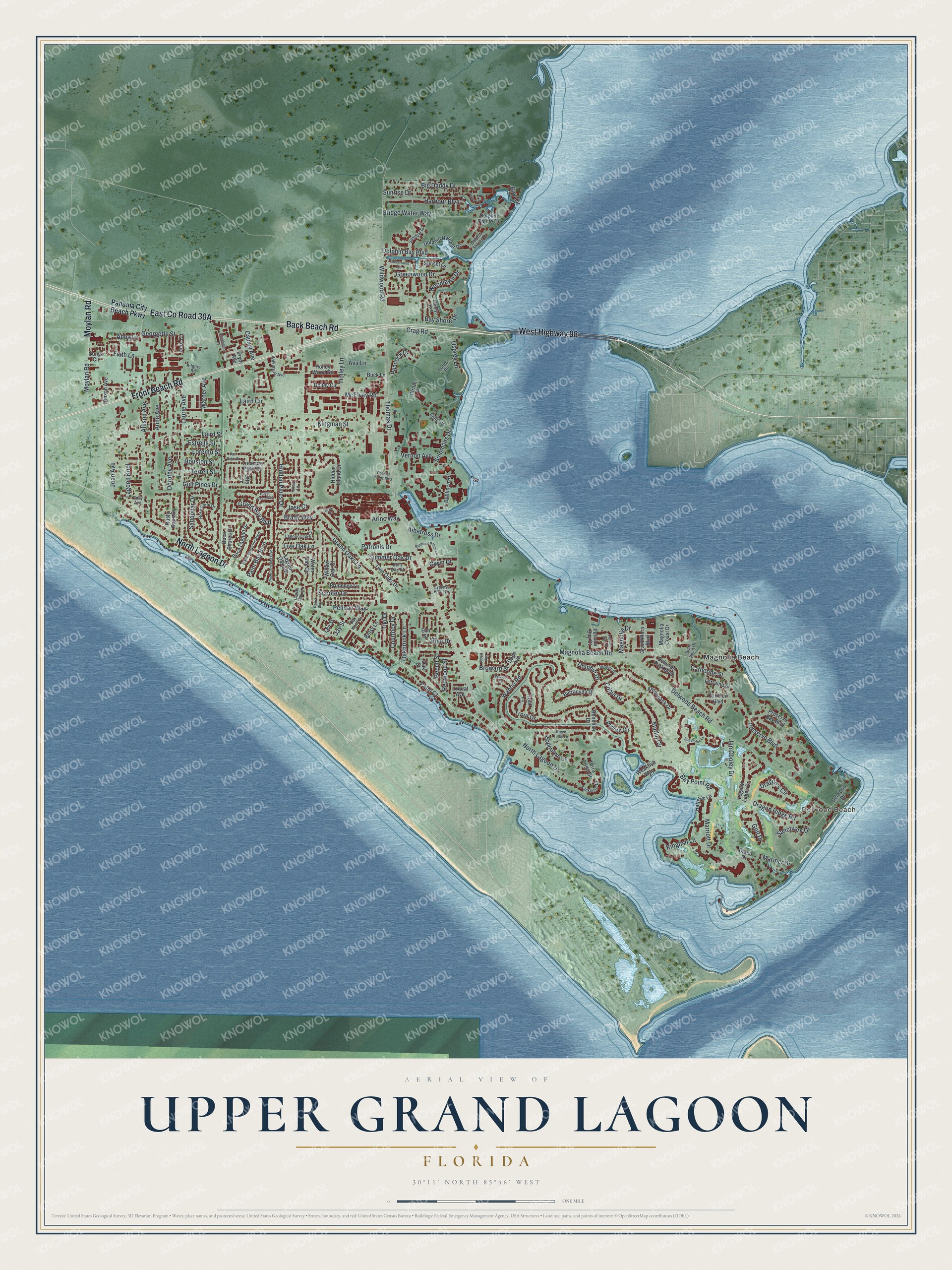 Full map of Upper Grand Lagoon, Florida, with red buildings, printed street names and the land around them