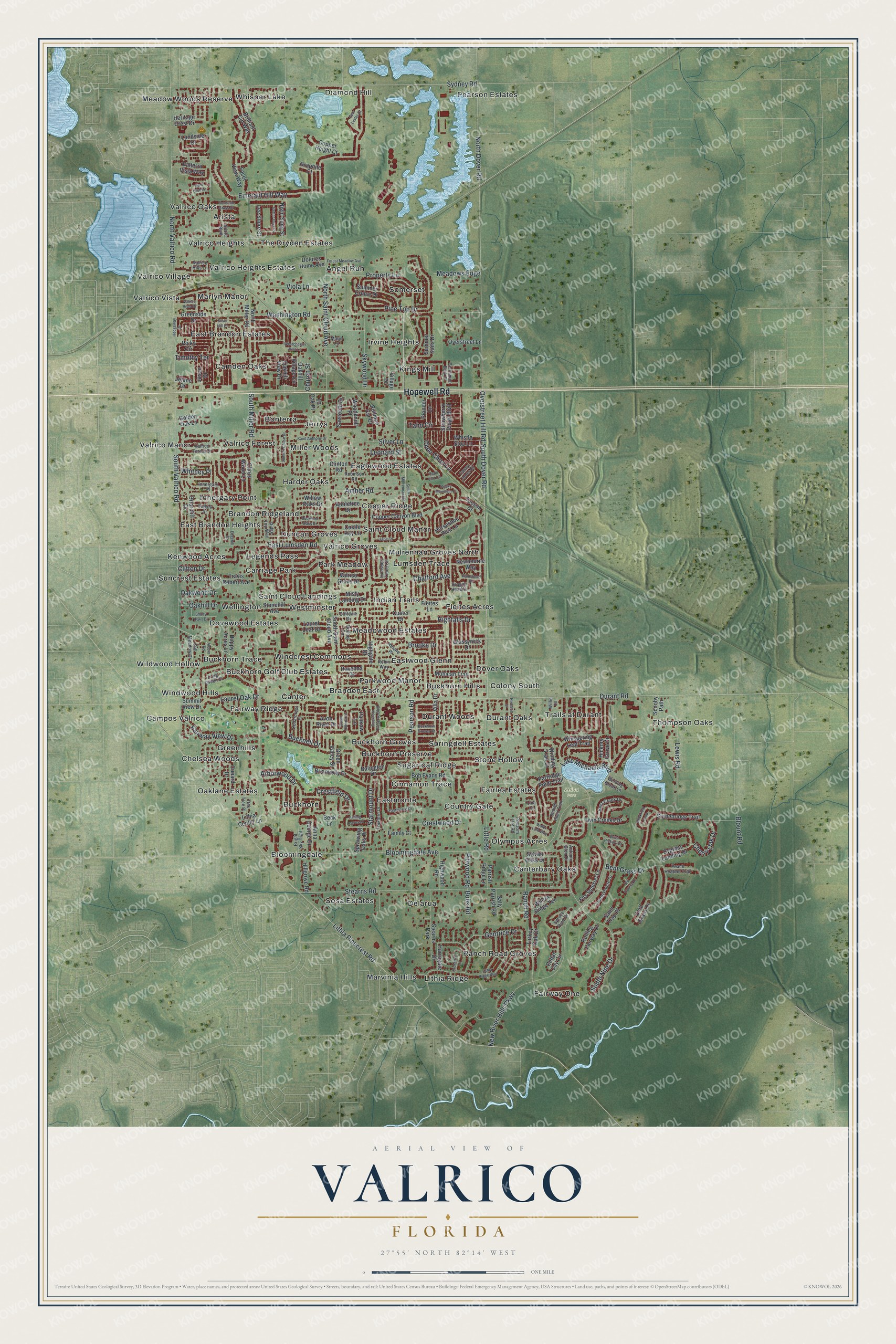 Full map of Valrico, Florida, with red buildings, printed street names and the land around them