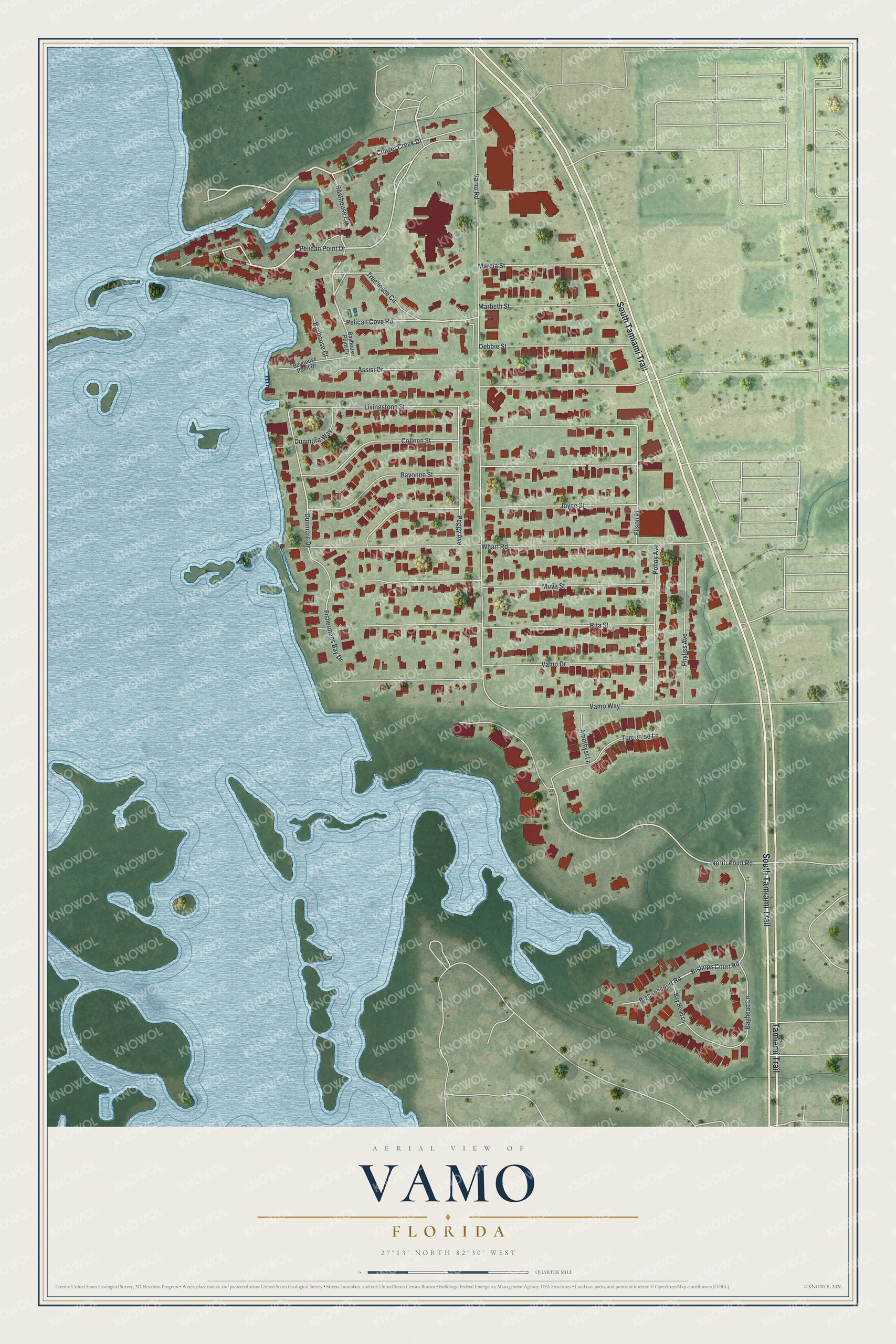 Full map of Vamo, Florida, with red buildings, printed street names and the land around them