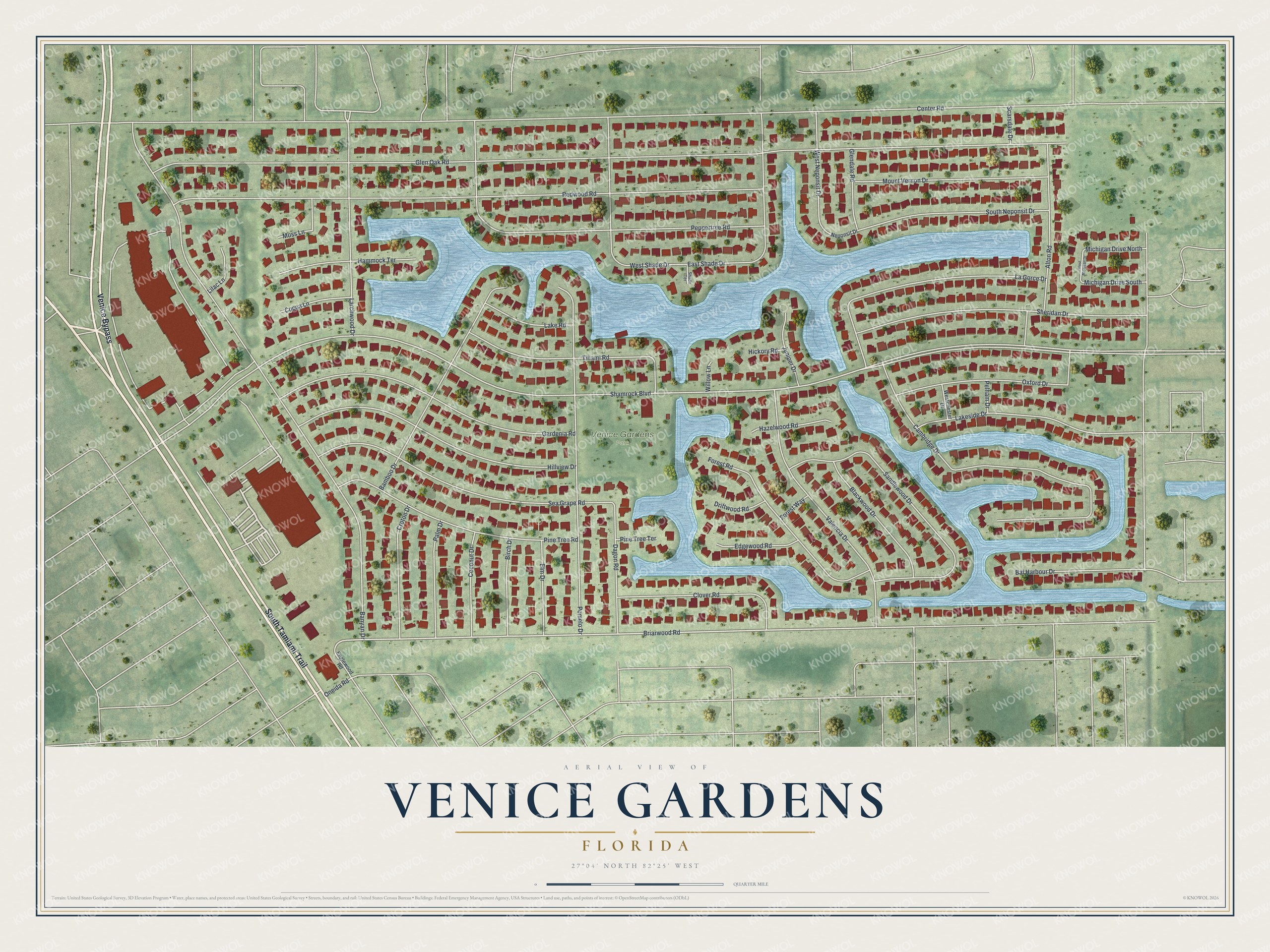 Full map of Venice Gardens, Florida, with red buildings, printed street names and the land around them