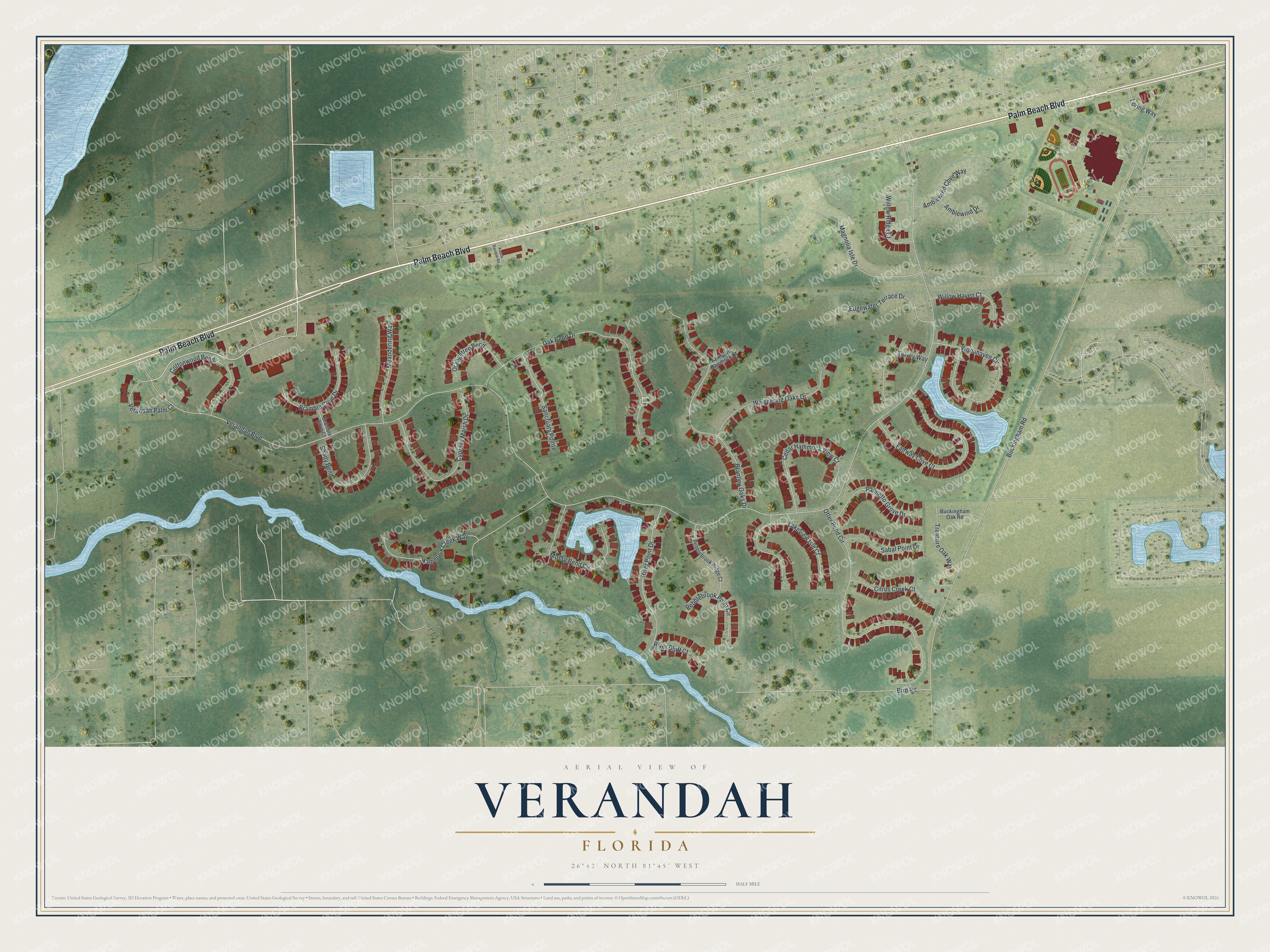 Full map of Verandah, Florida, with red buildings, printed street names and the land around them