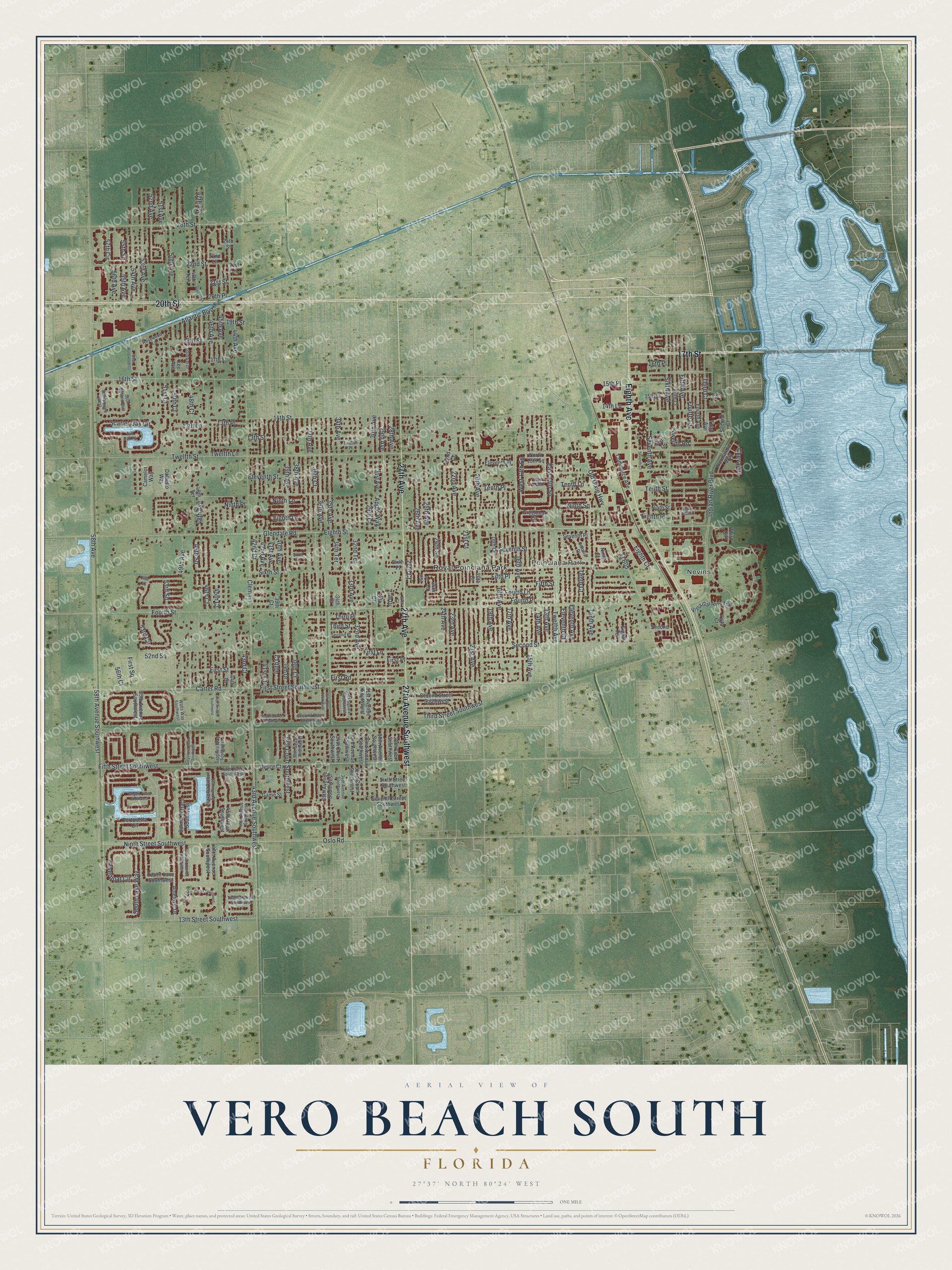 Full map of Vero Beach South, Florida, with red buildings, printed street names and the land around them