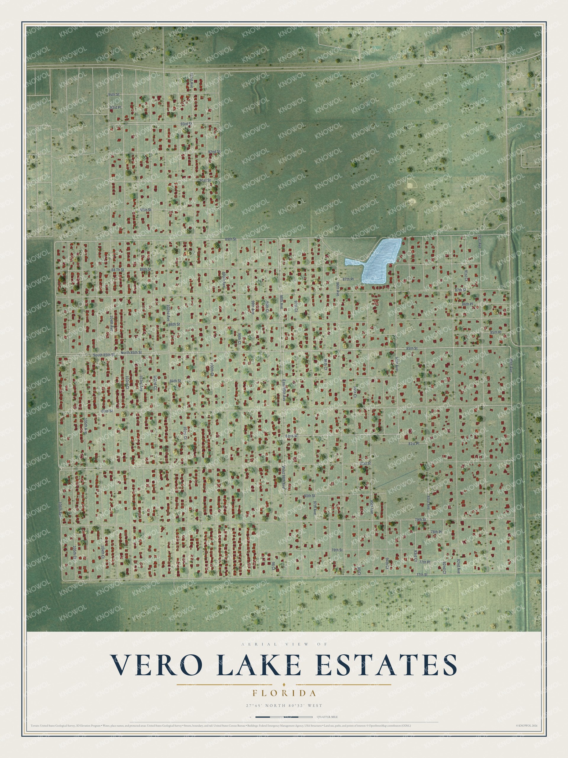 Full map of Vero Lake Estates, Florida, with red buildings, printed street names and the land around them