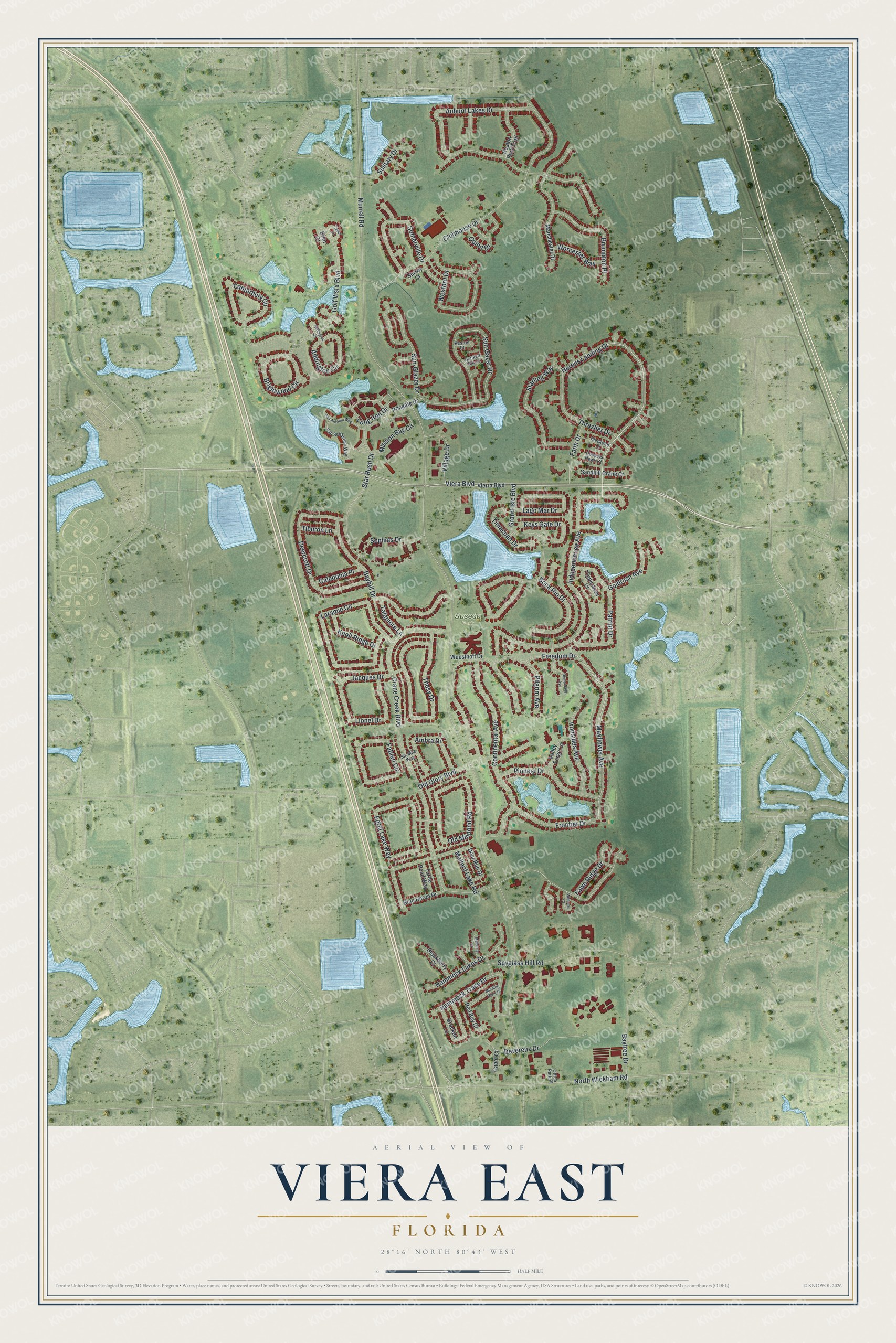 Full map of Viera East, Florida, with red buildings, printed street names and the land around them