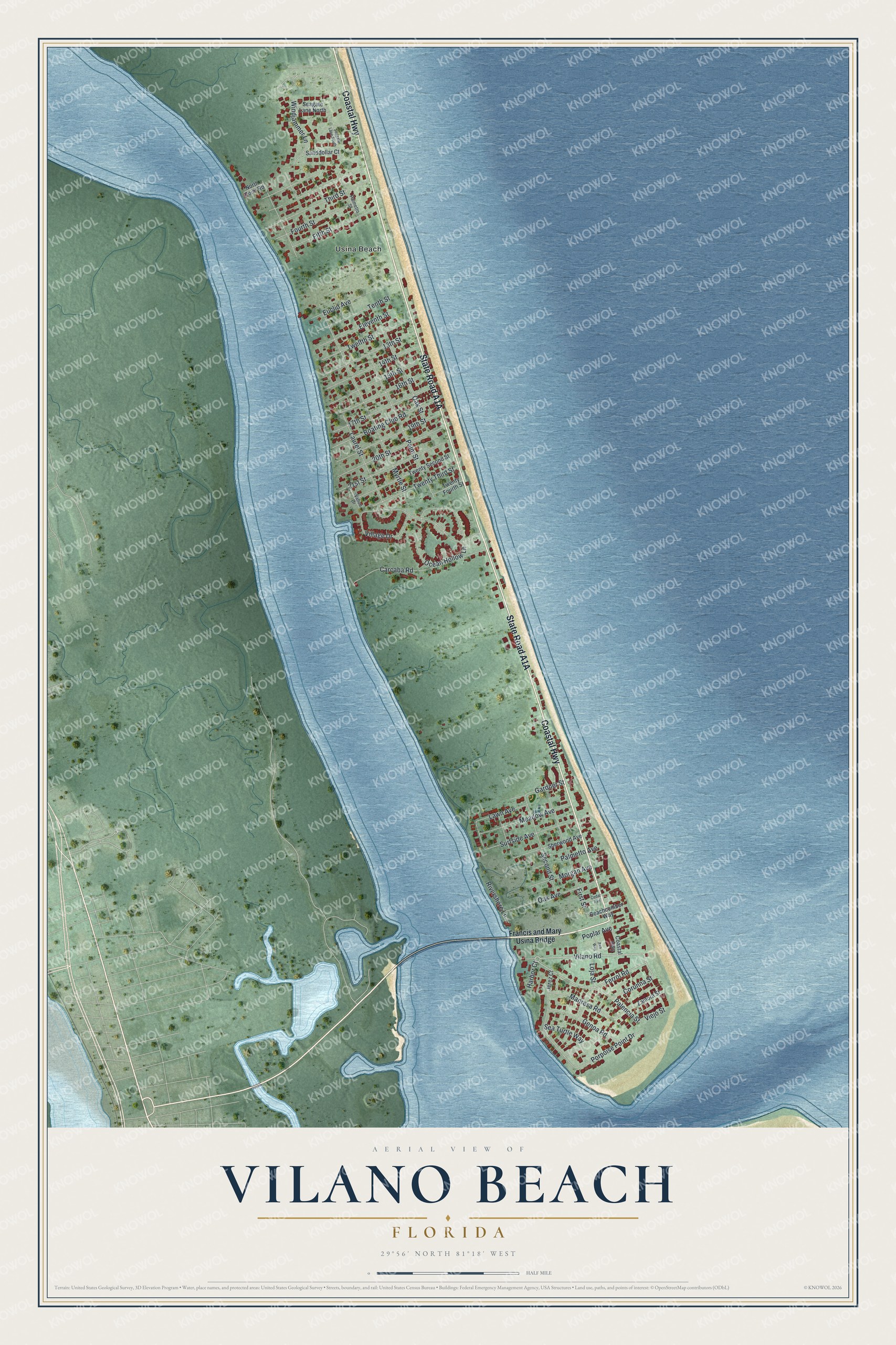 Full map of Vilano Beach, Florida, with red buildings, printed street names and the land around them