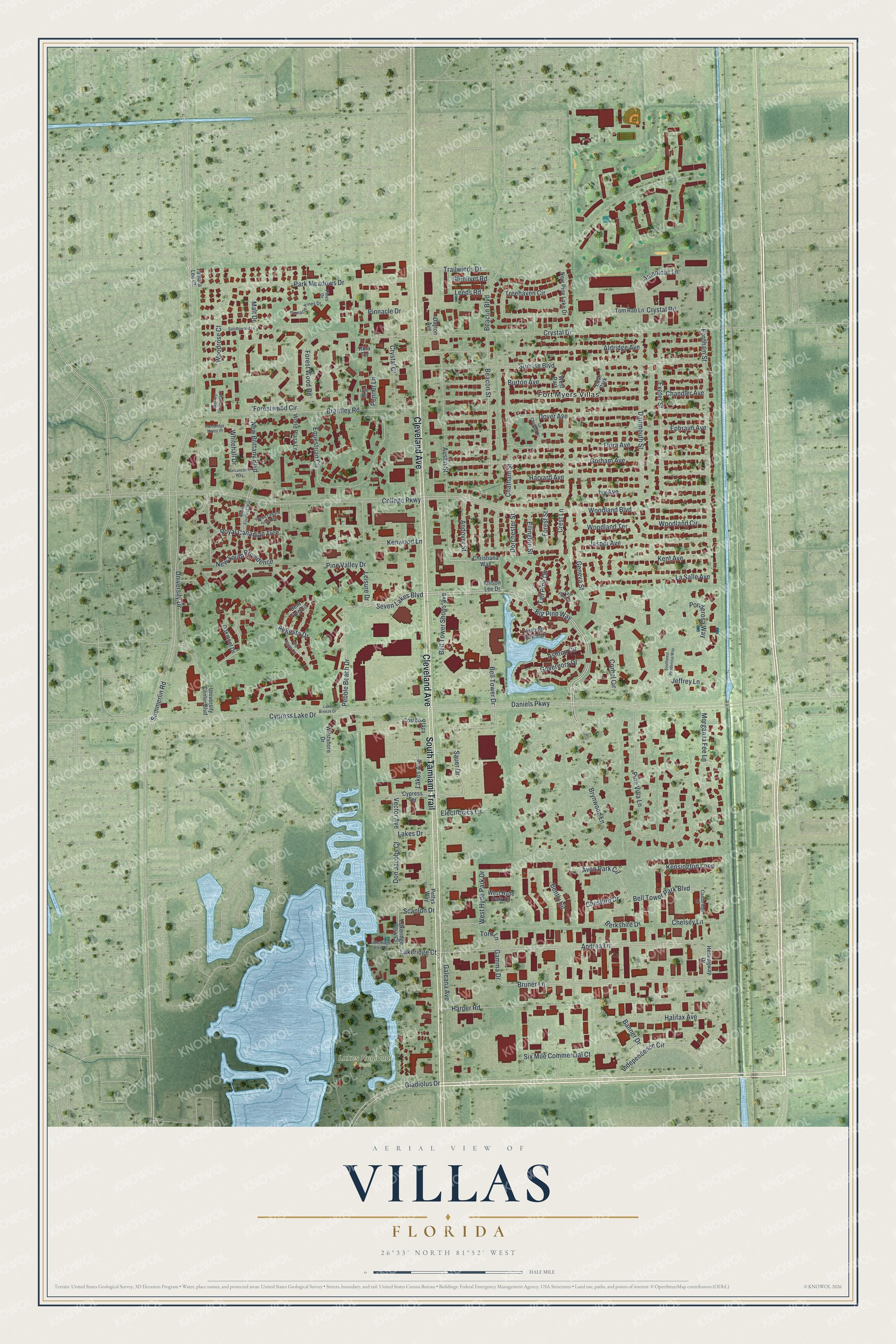 Full map of Villas, Florida, with red buildings, printed street names and the land around them