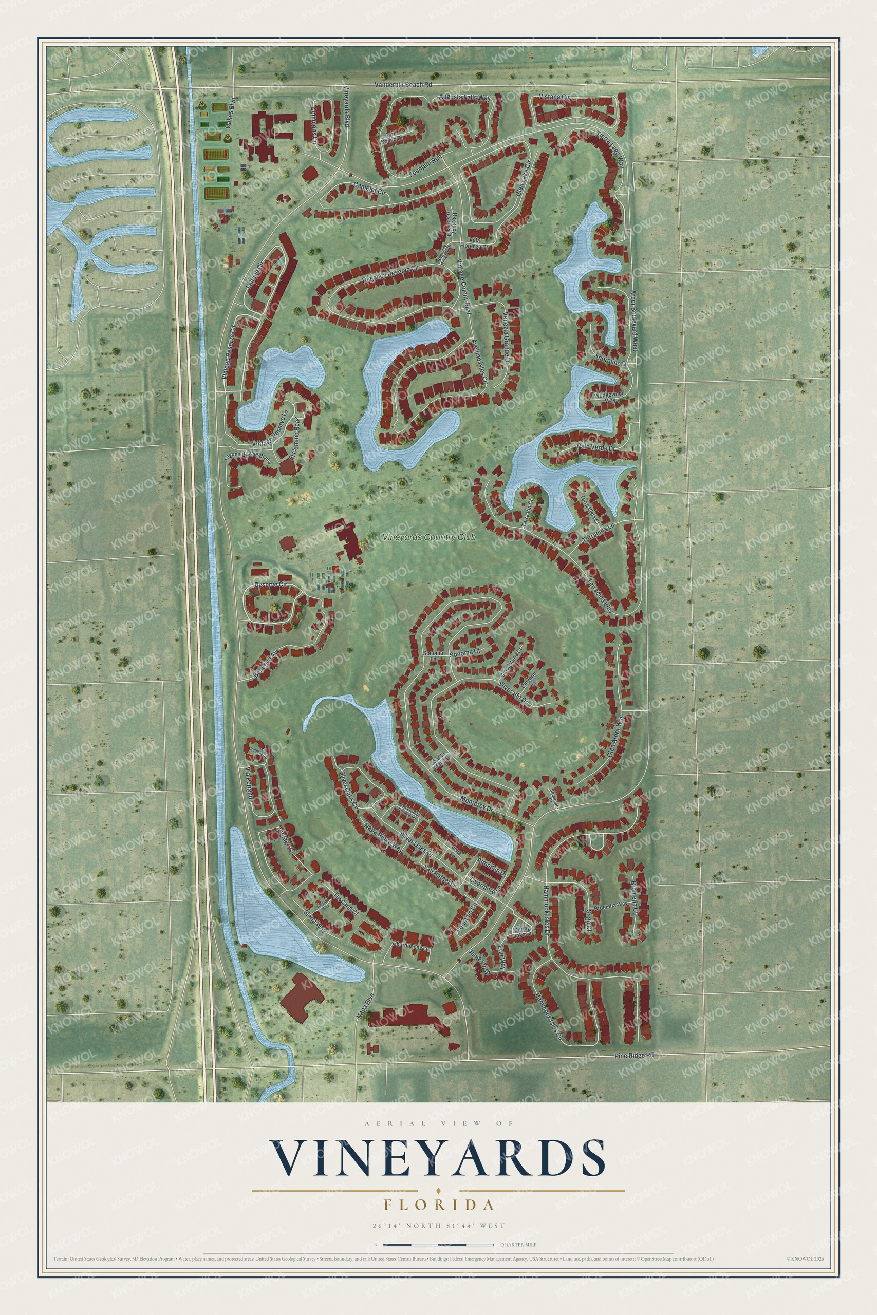 Full map of Vineyards, Florida, with red buildings, printed street names and the land around them