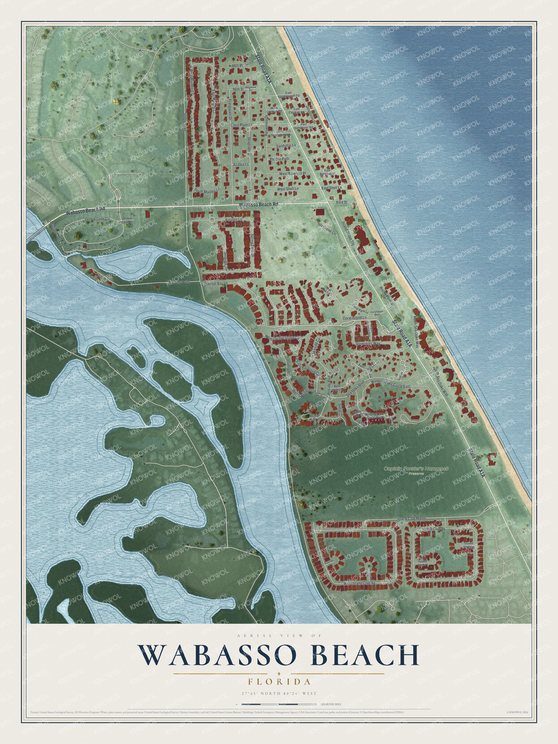 Full map of Wabasso Beach, Florida, with red buildings, printed street names and the land around them