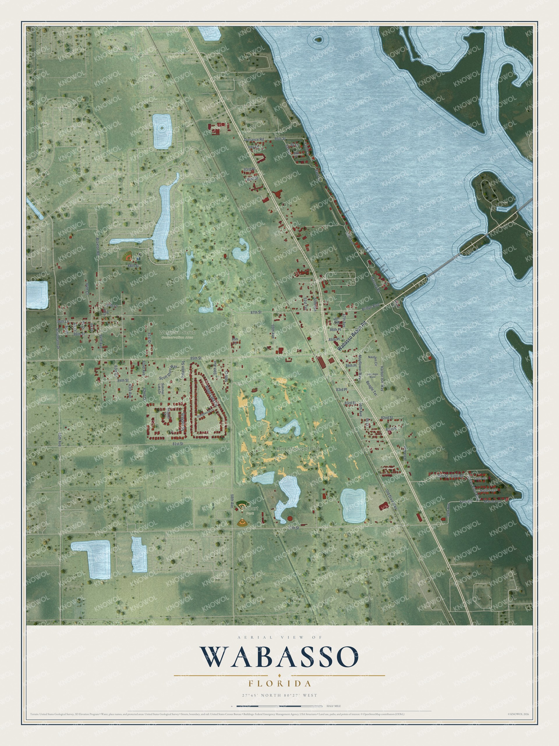 Full map of Wabasso, Florida, with red buildings, printed street names and the land around them