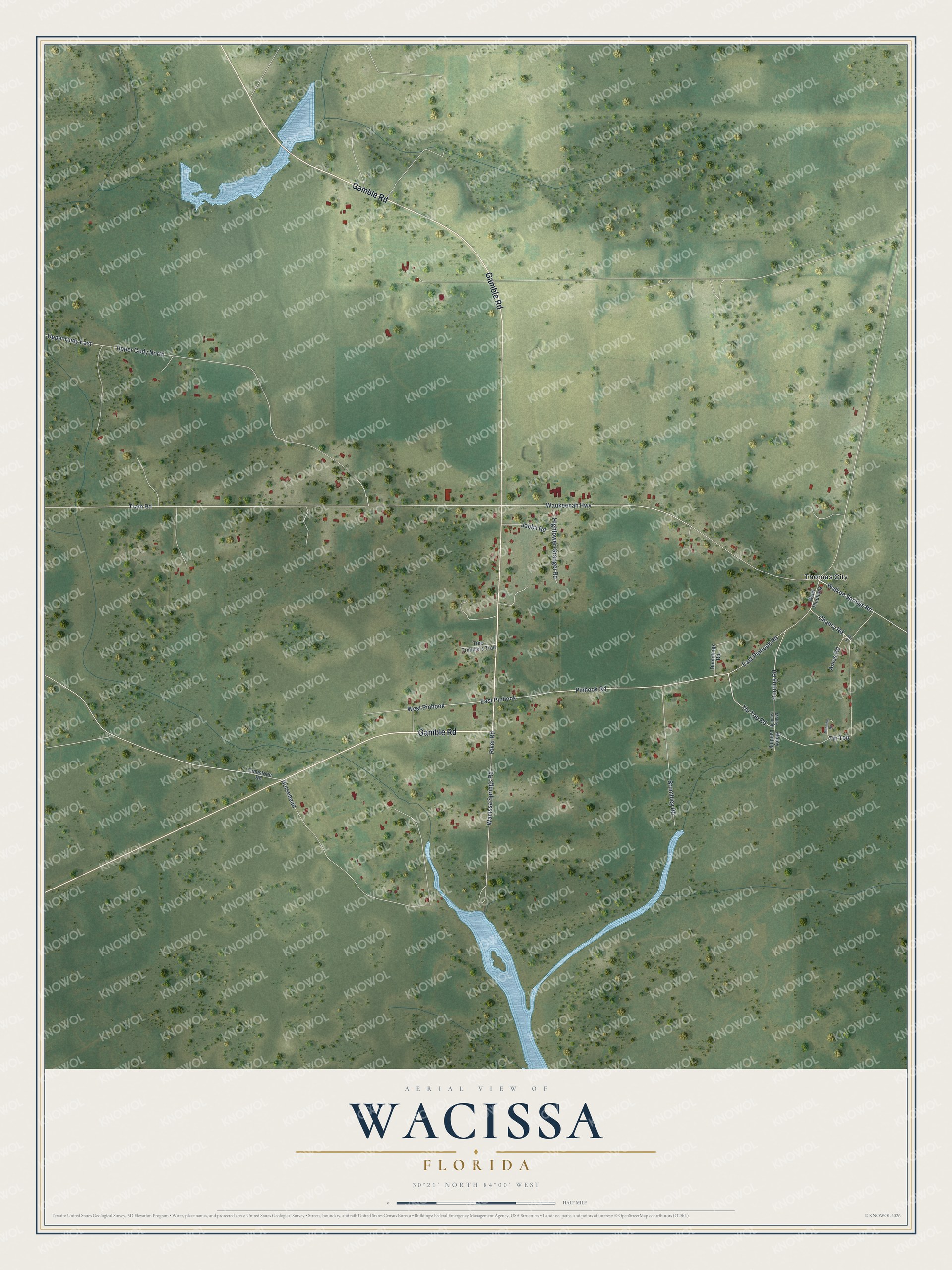Full map of Wacissa, Florida, with red buildings, printed street names and the land around them