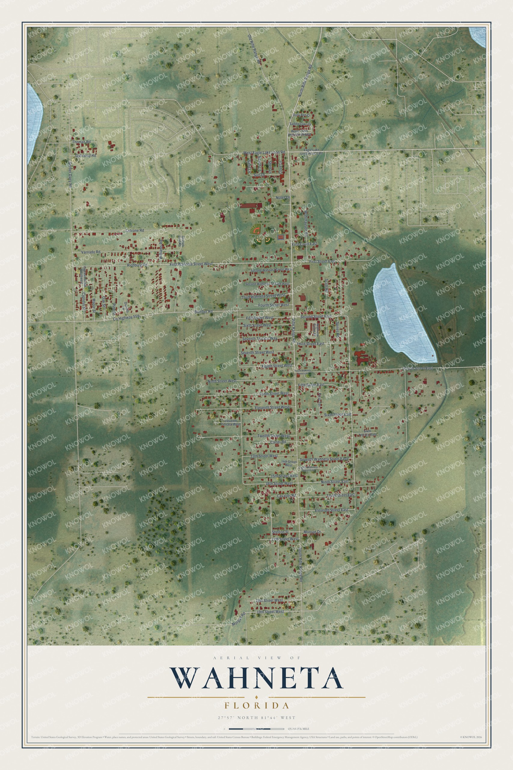 Full map of Wahneta, Florida, with red buildings, printed street names and the land around them