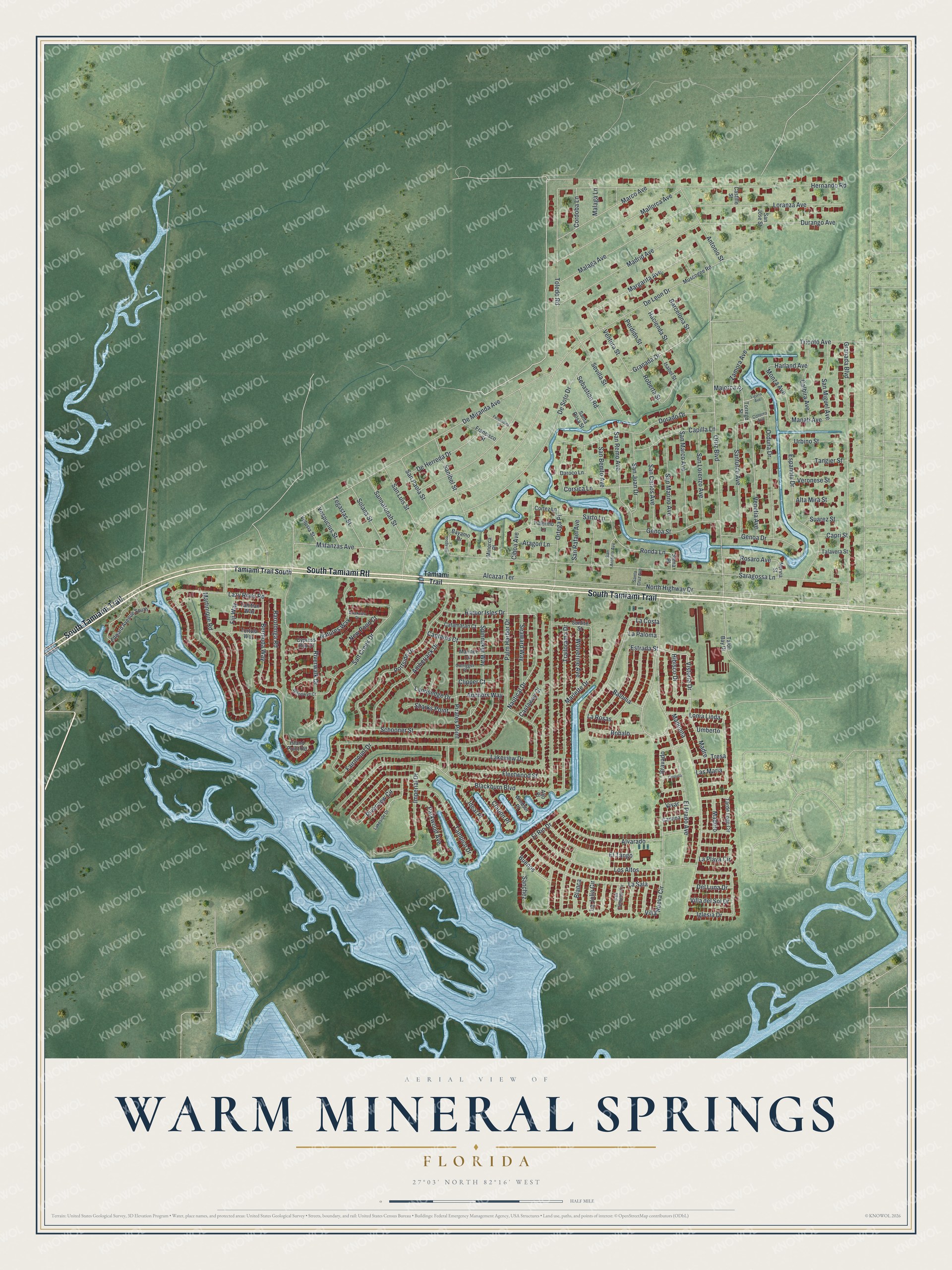 Full map of Warm Mineral Springs, Florida, with red buildings, printed street names and the land around them
