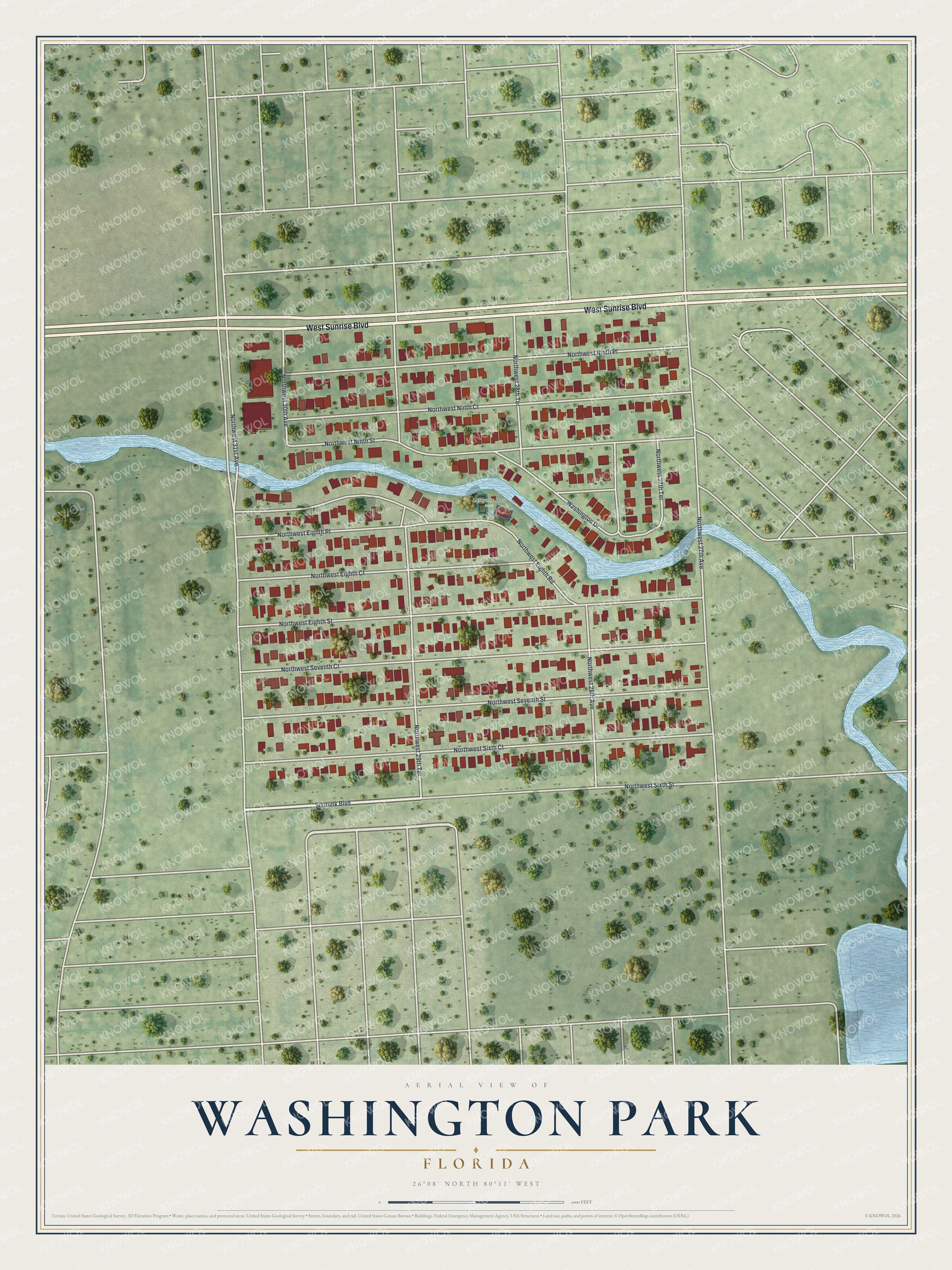 Full map of Washington Park, Florida, with red buildings, printed street names and the land around them