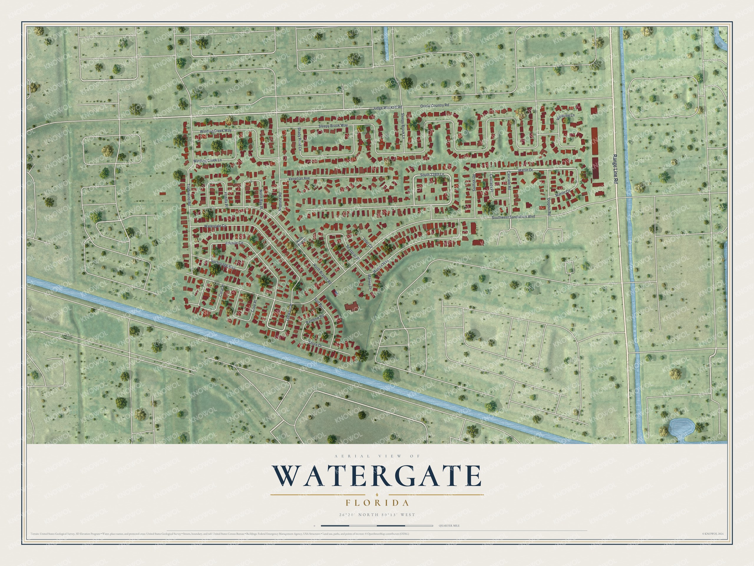Full map of Watergate, Florida, with red buildings, printed street names and the land around them