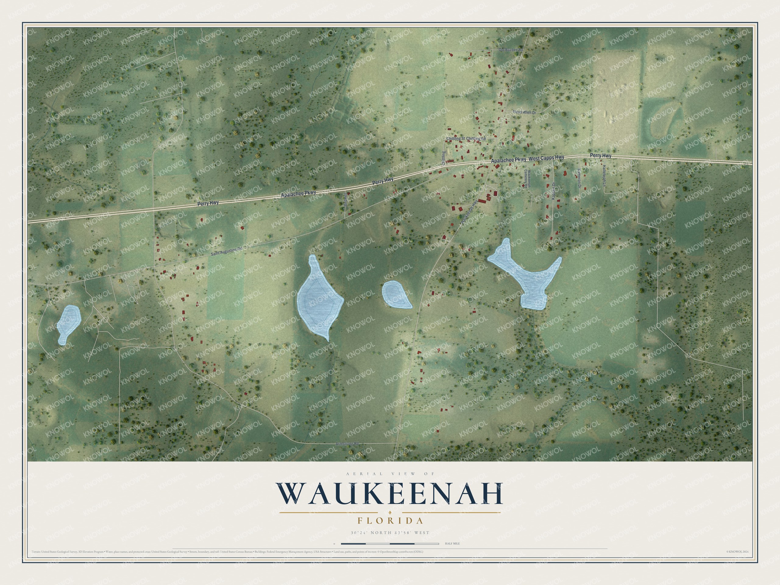 Full map of Waukeenah, Florida, with red buildings, printed street names and the land around them