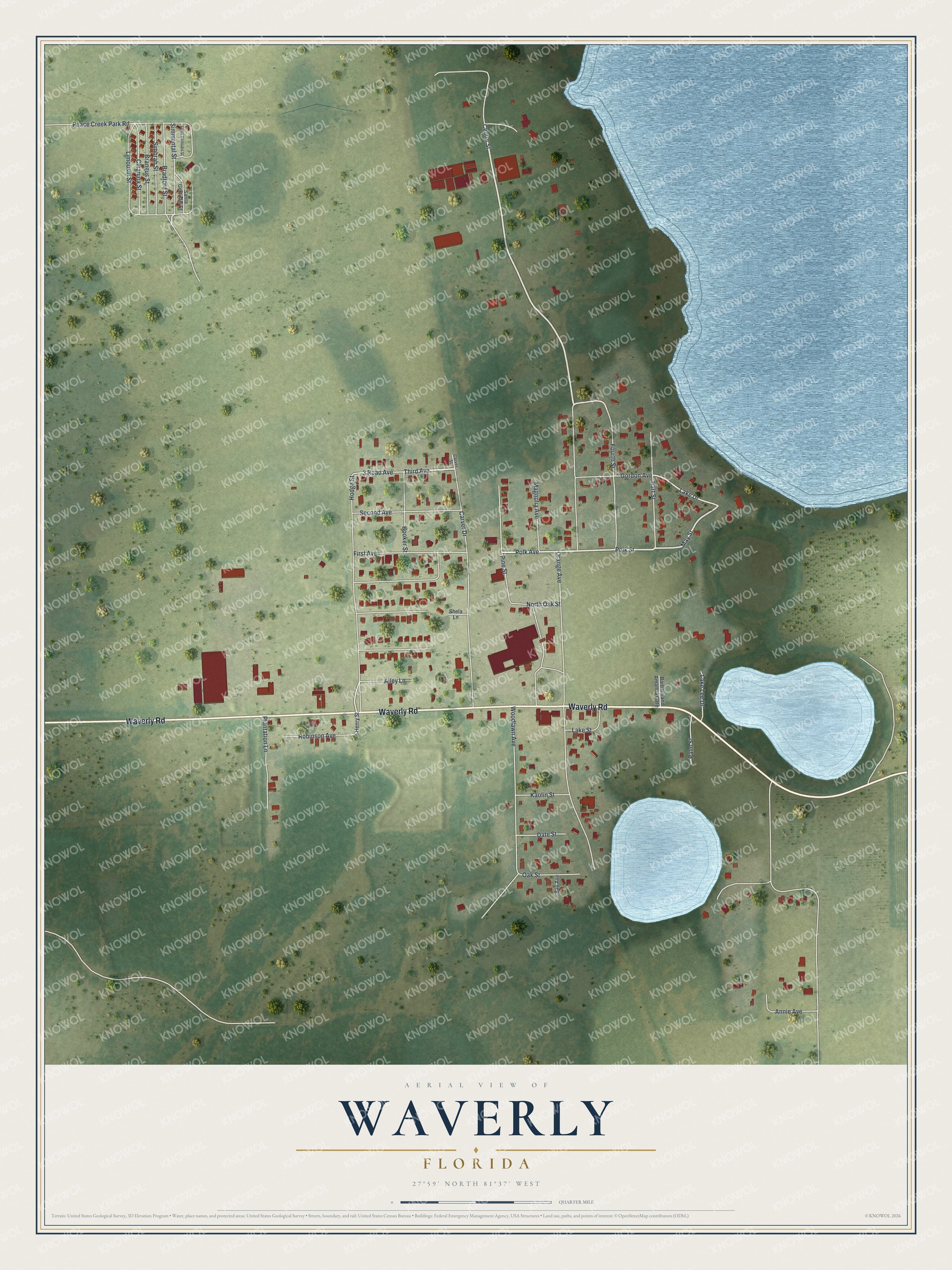 Full map of Waverly, Florida, with red buildings, printed street names and the land around them