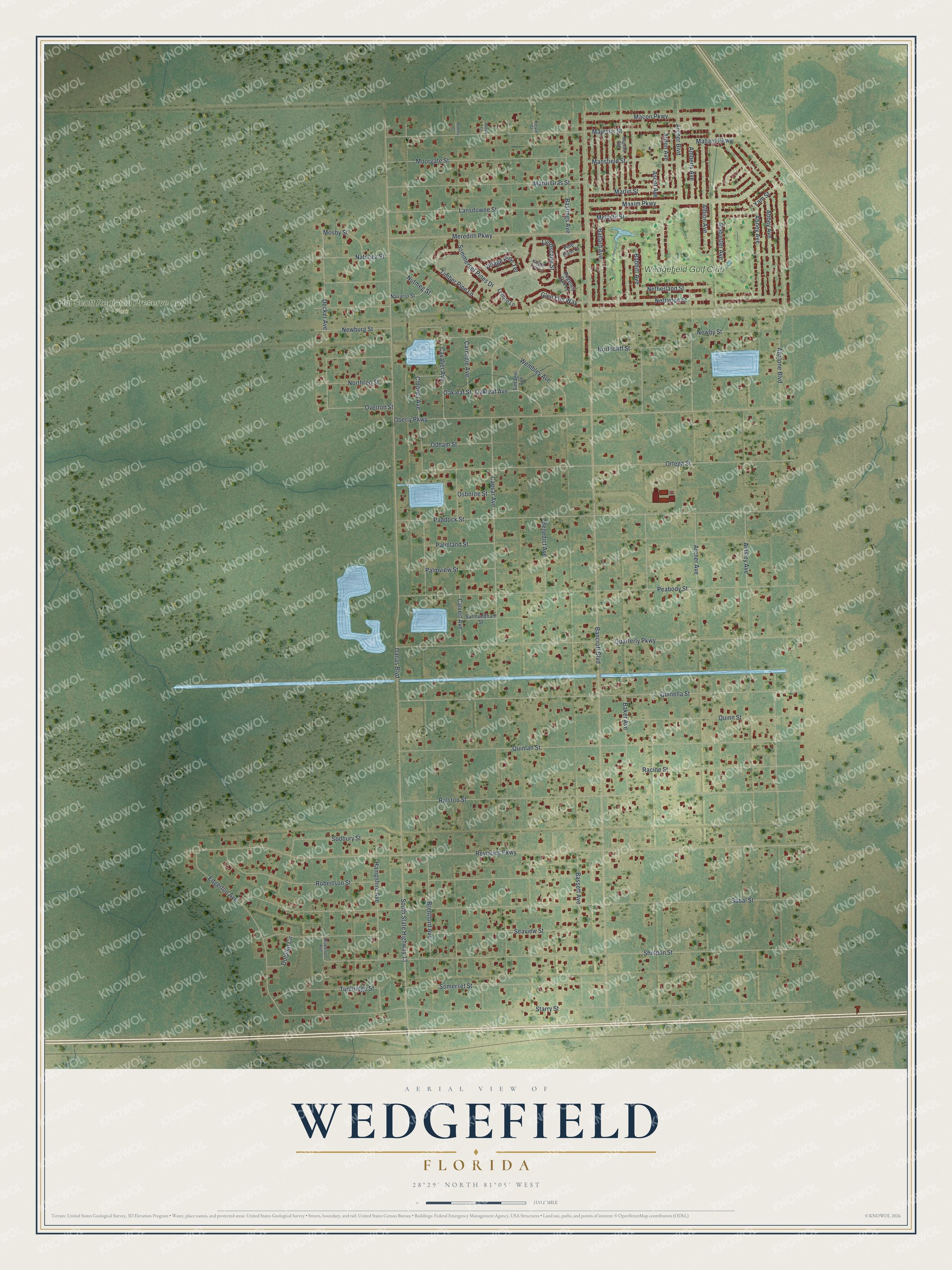 Full map of Wedgefield, Florida, with red buildings, printed street names and the land around them
