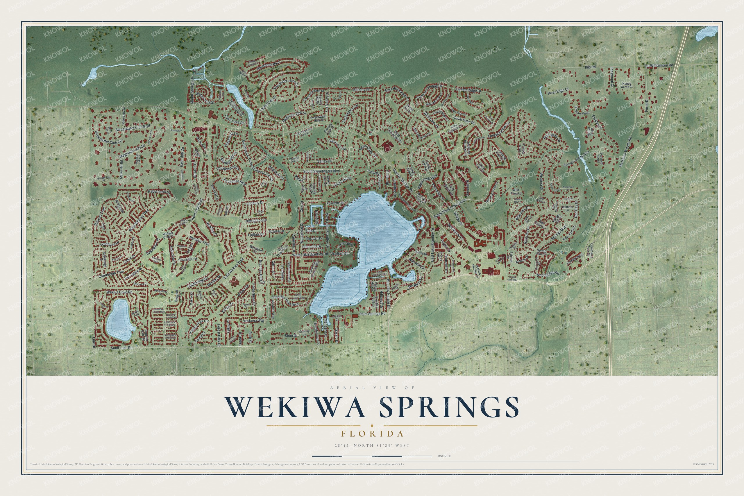 Full map of Wekiwa Springs, Florida, with red buildings, printed street names and the land around them