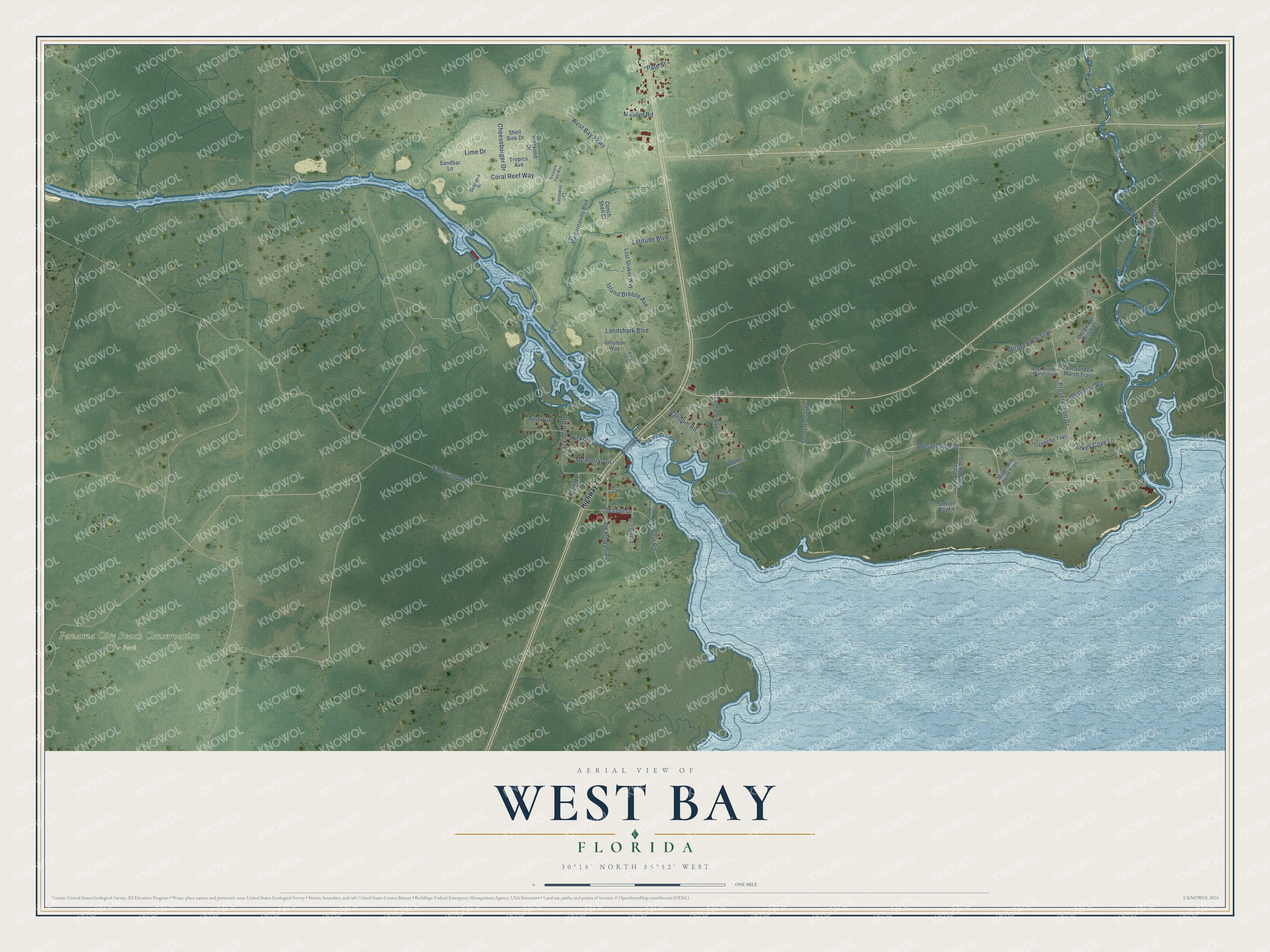 Full map of West Bay, Florida, with red buildings, printed street names and the land around them