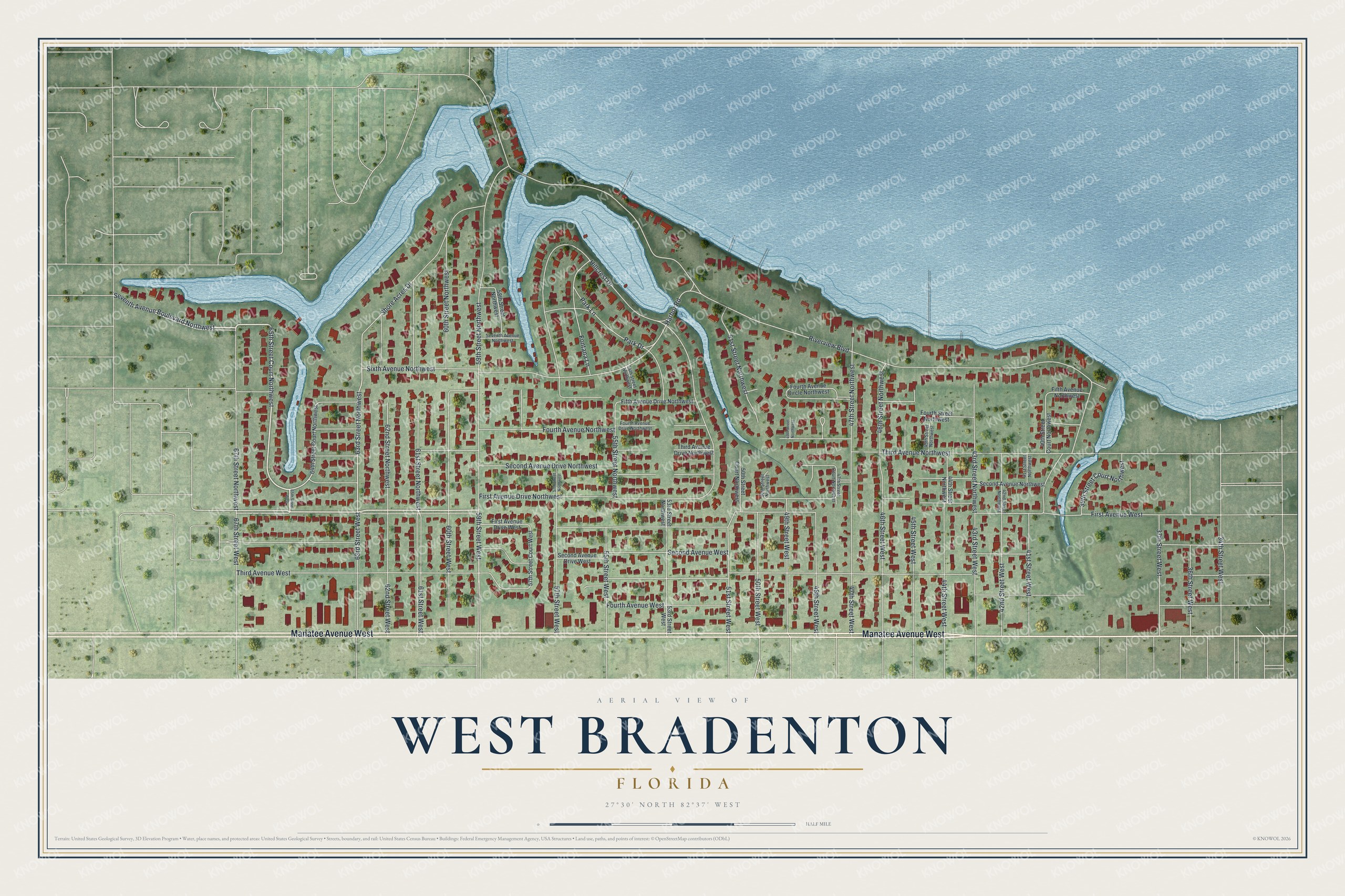 Full map of West Bradenton, Florida, with red buildings, printed street names and the land around them